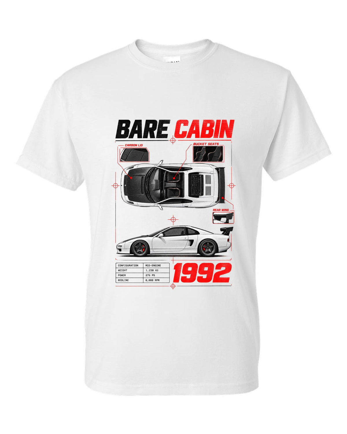 Spec poster print for the 1992 Honda NSX-R NA1 listing bare cabin, bucket seats and carbon lid white t-shirt front view with the design