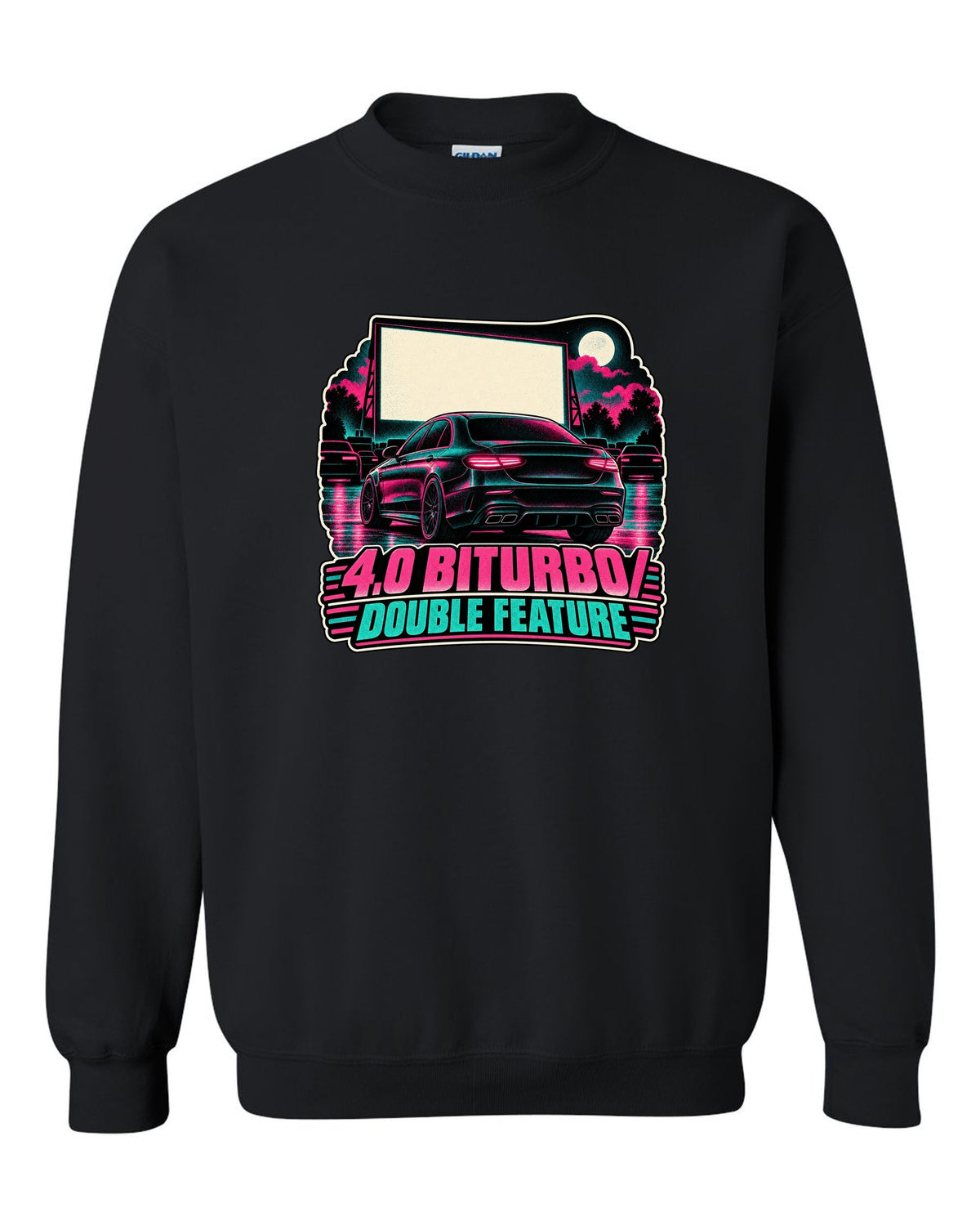 Risograph halftone drive-in poster graphic for a Mercedes E63 W213 4.0 biturbo, print black crewneck front view with the design