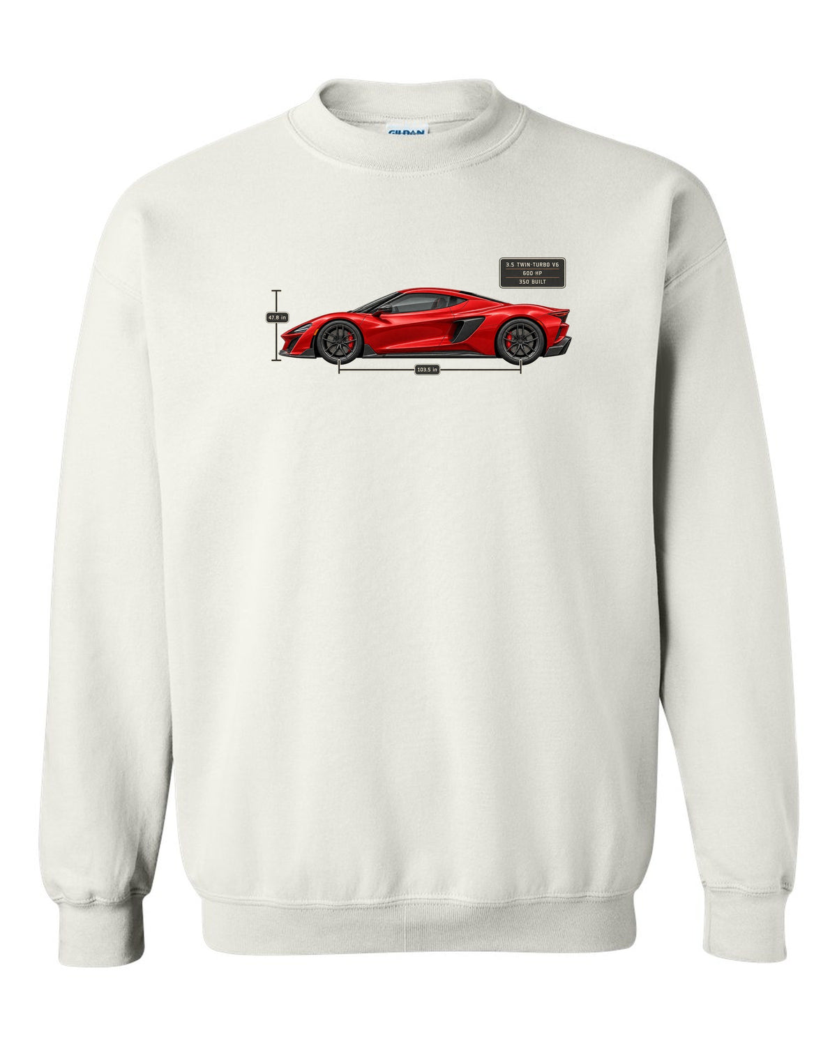 Acura NSX NC1 Type S Side Dimension Blueprint Tee, Car Gift white crewneck front view with the design