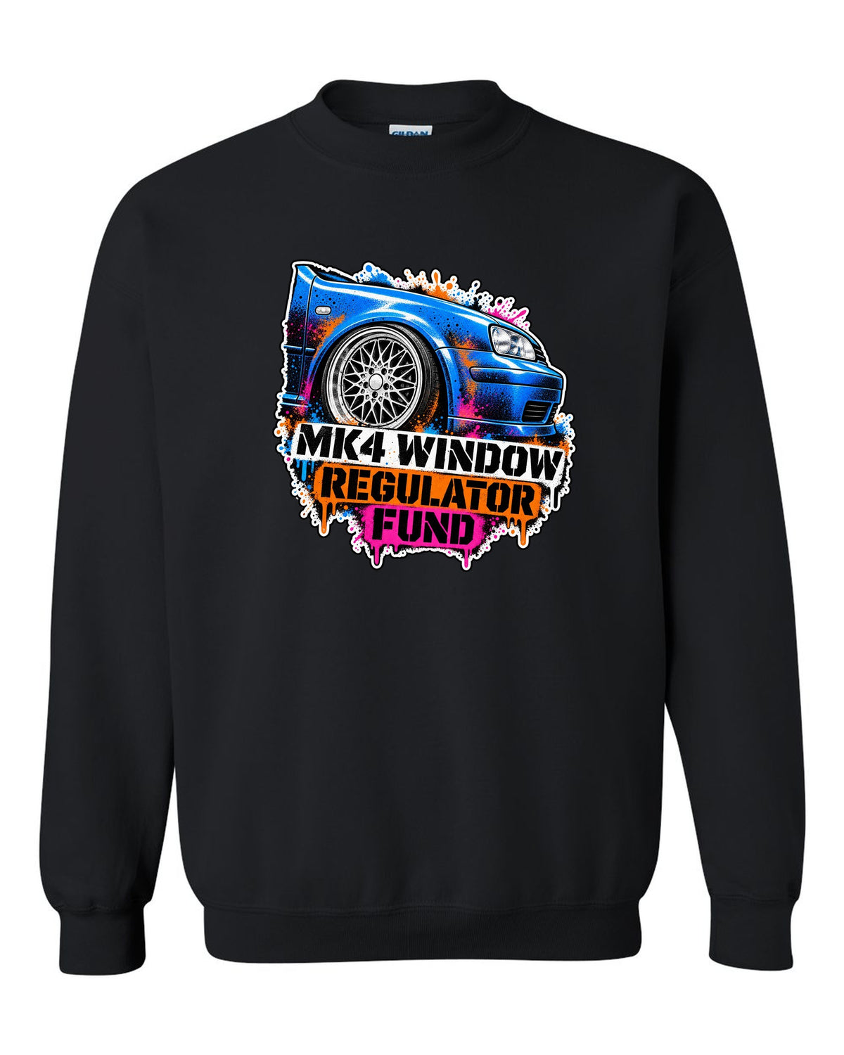 Stencil spray print of a VW Golf Mk4 with mesh wheels and window regulator fund text black crewneck front view with the design