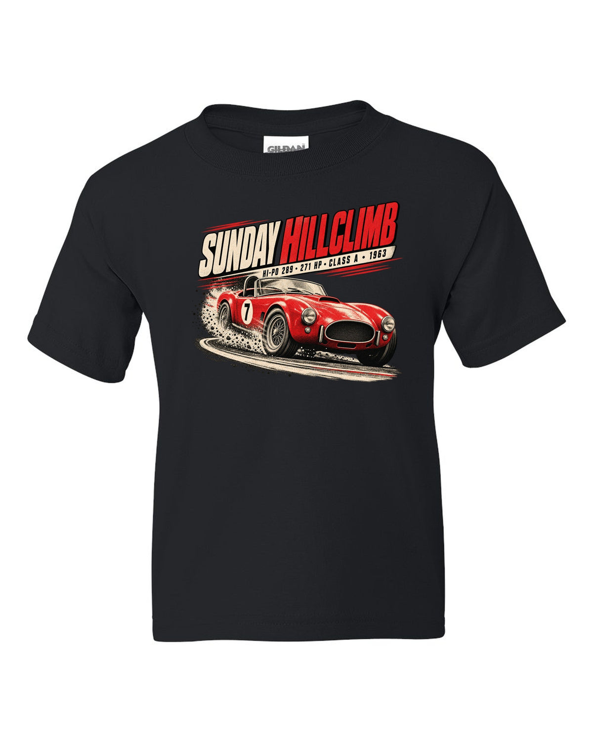 Race poster print of a 1963 289 roadster at a Sunday hillclimb black kids tee front view with the design