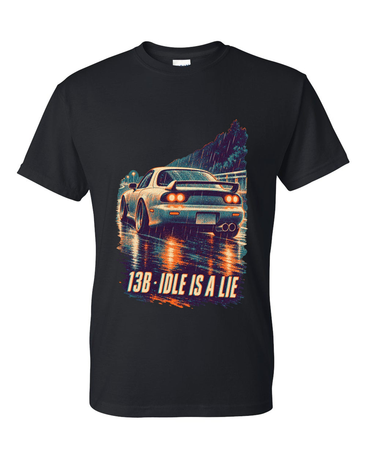Three-colour risograph print for the Mazda RX-7 FD3S with 13B idle is a lie lettering black t-shirt front view with the design