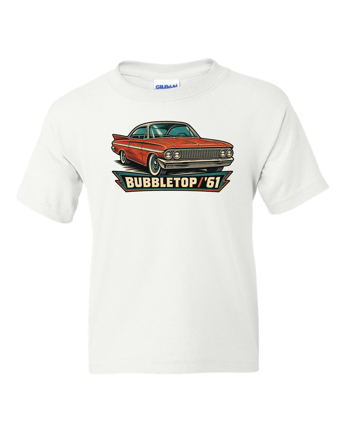 1961 Chevrolet Impala Sport Coupe bubbletop in linocut style with text Bubbletop '61 white kids tee front view with the design