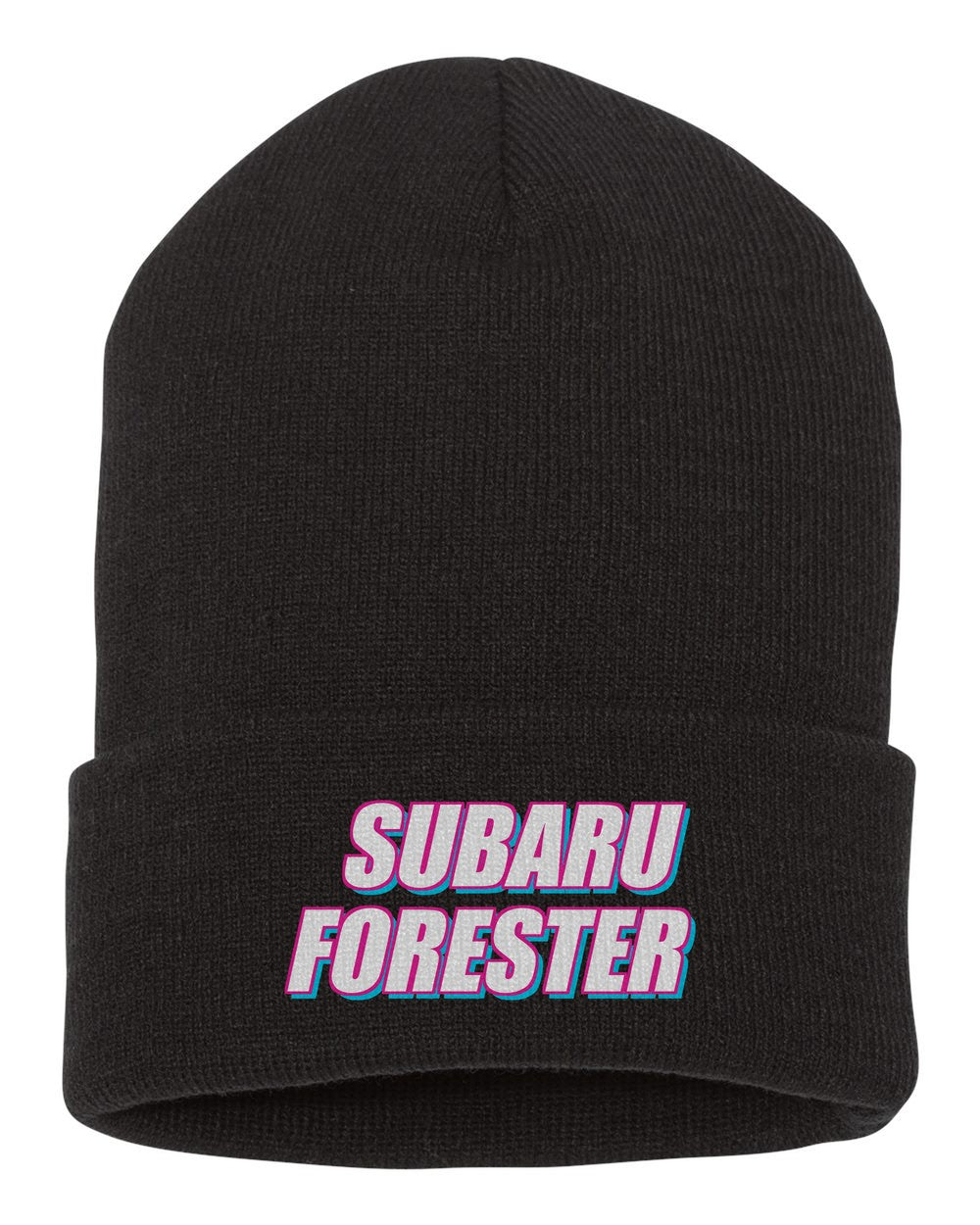 Subaru Forester black beanie front view with car name