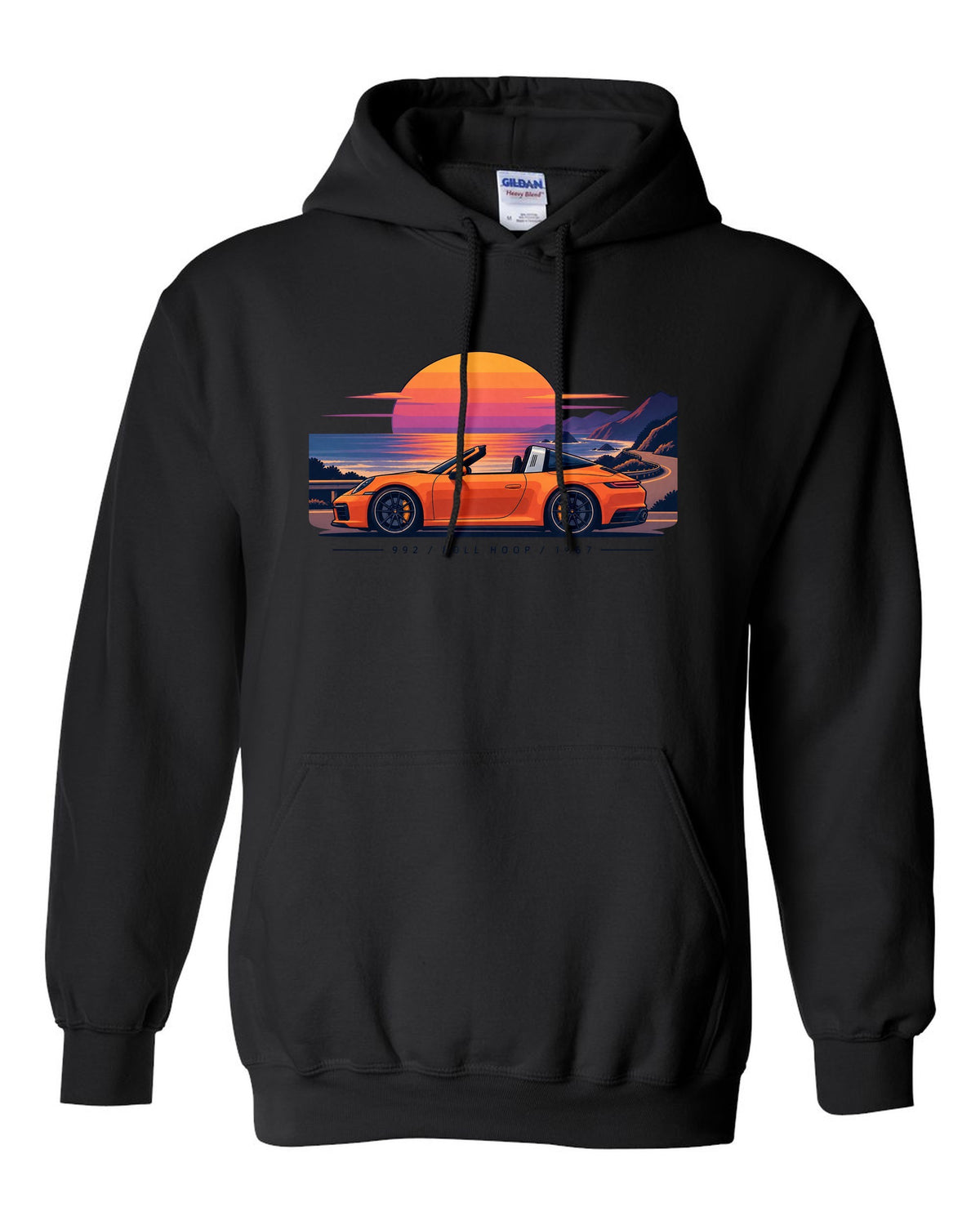 Porsche 997 GT3 RS exploded view diagram design in orange with Mezger lettering black pull over hoodie front view with the design