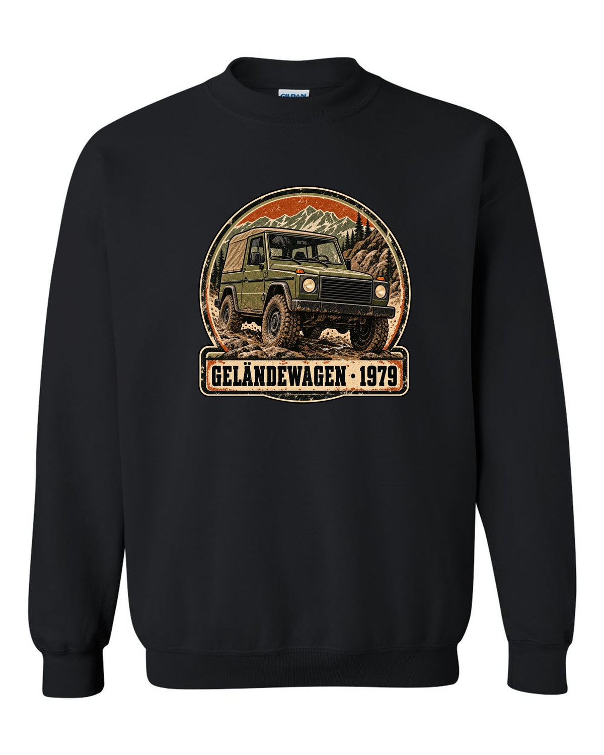 Flat minimal vector graphic of keys on a dish reading 12 MPG Worth It for a Mercedes G63 W464, print black crewneck front view with the design