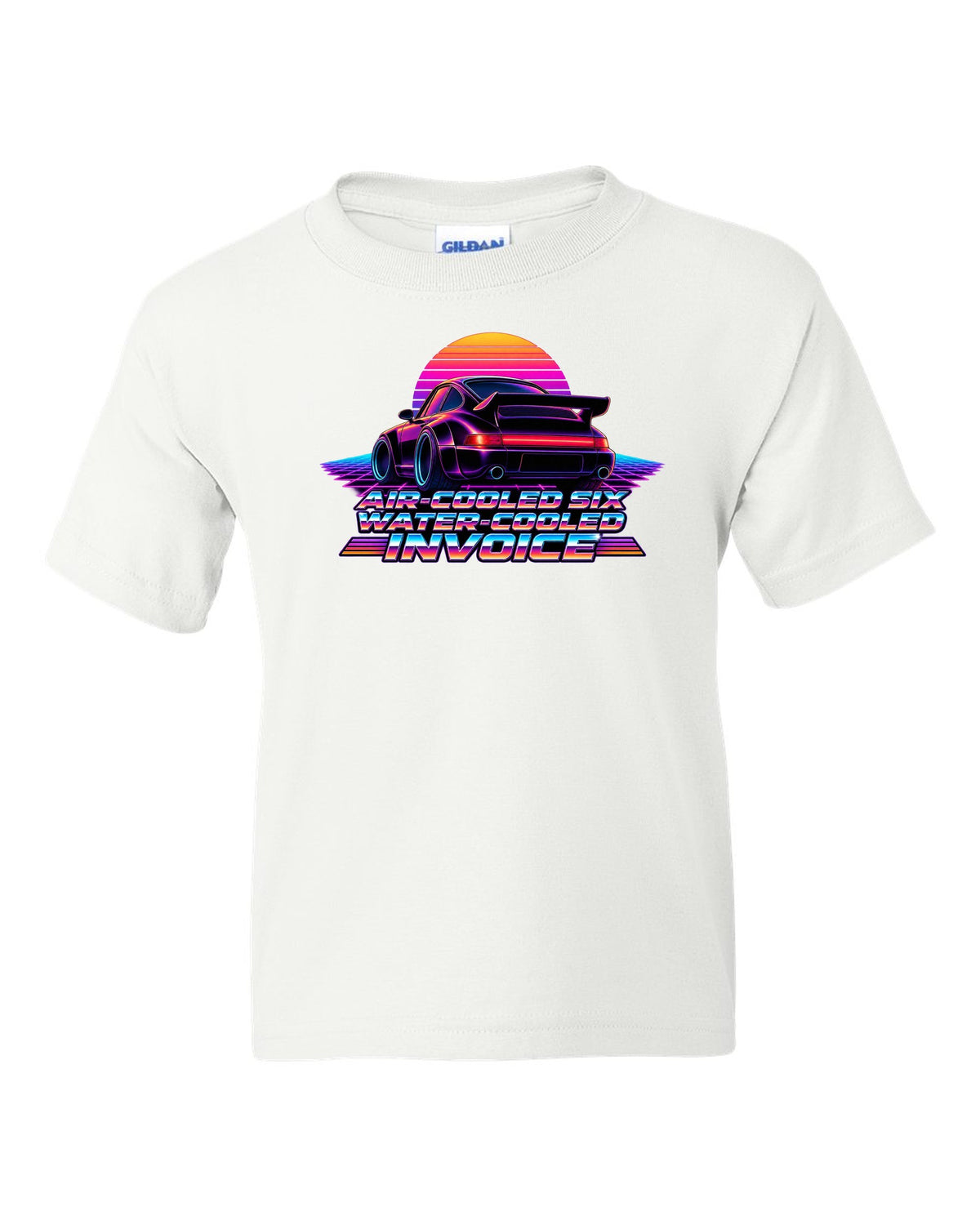 Synthwave gradient print of a Porsche 911 Turbo 964 with air-cooled six water-cooled invoice lettering white kids tee front view with the design