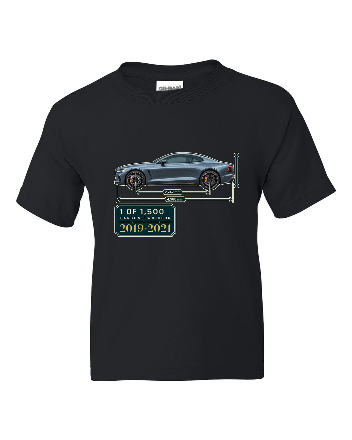 Polestar 1 archive panel print showing 1 of 1,500 carbon two-door black kids tee front view with the design