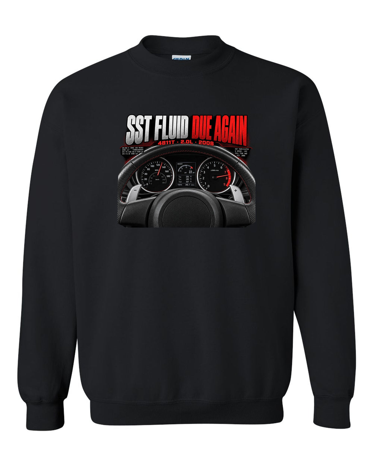 Mitsubishi Lancer Evolution X cockpit gauge print with SST fluid reminder text black crewneck front view with the design