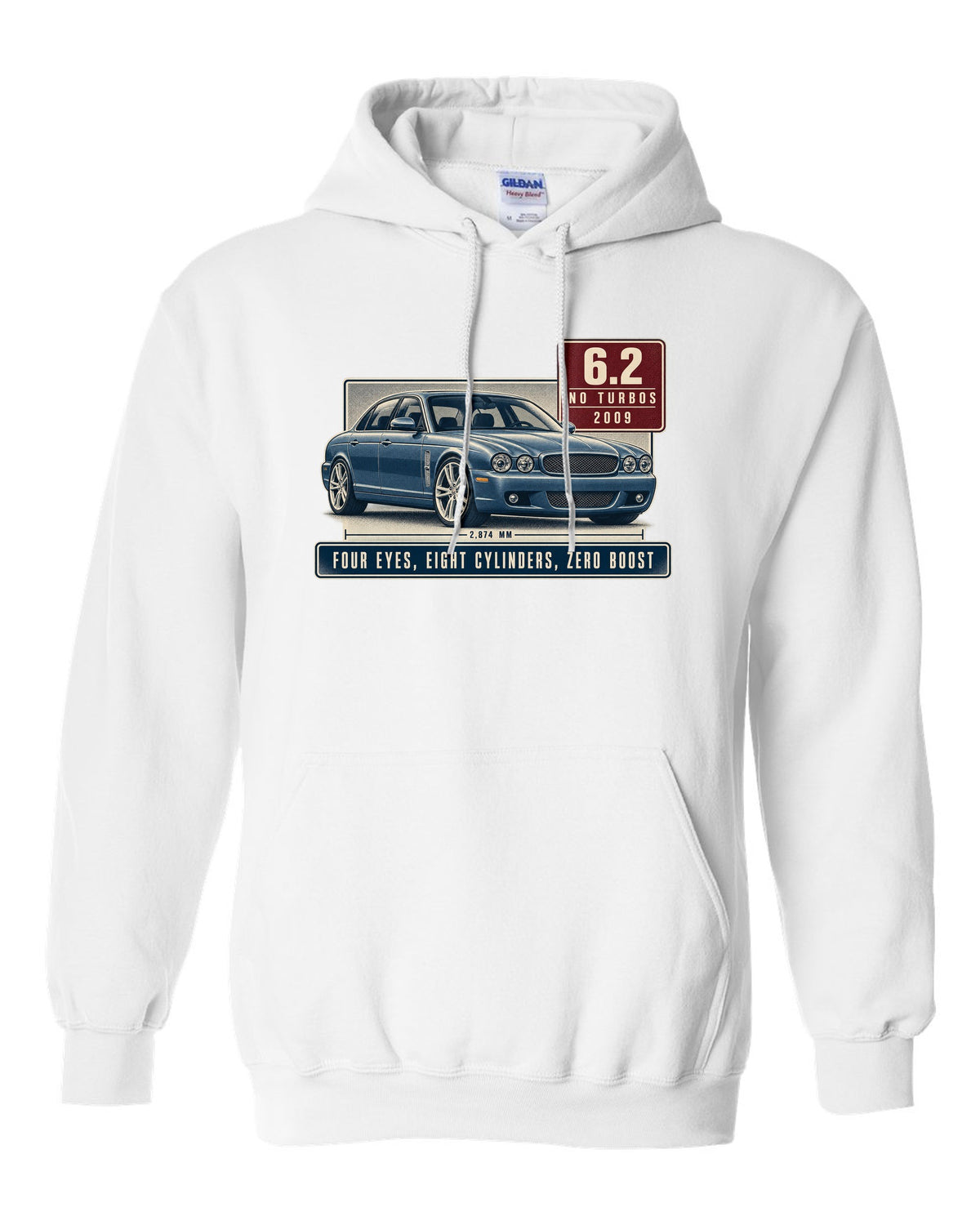 Editorial headline print of a silver-blue Mercedes-AMG E63 W212 pre-facelift white pull over hoodie front view with the design