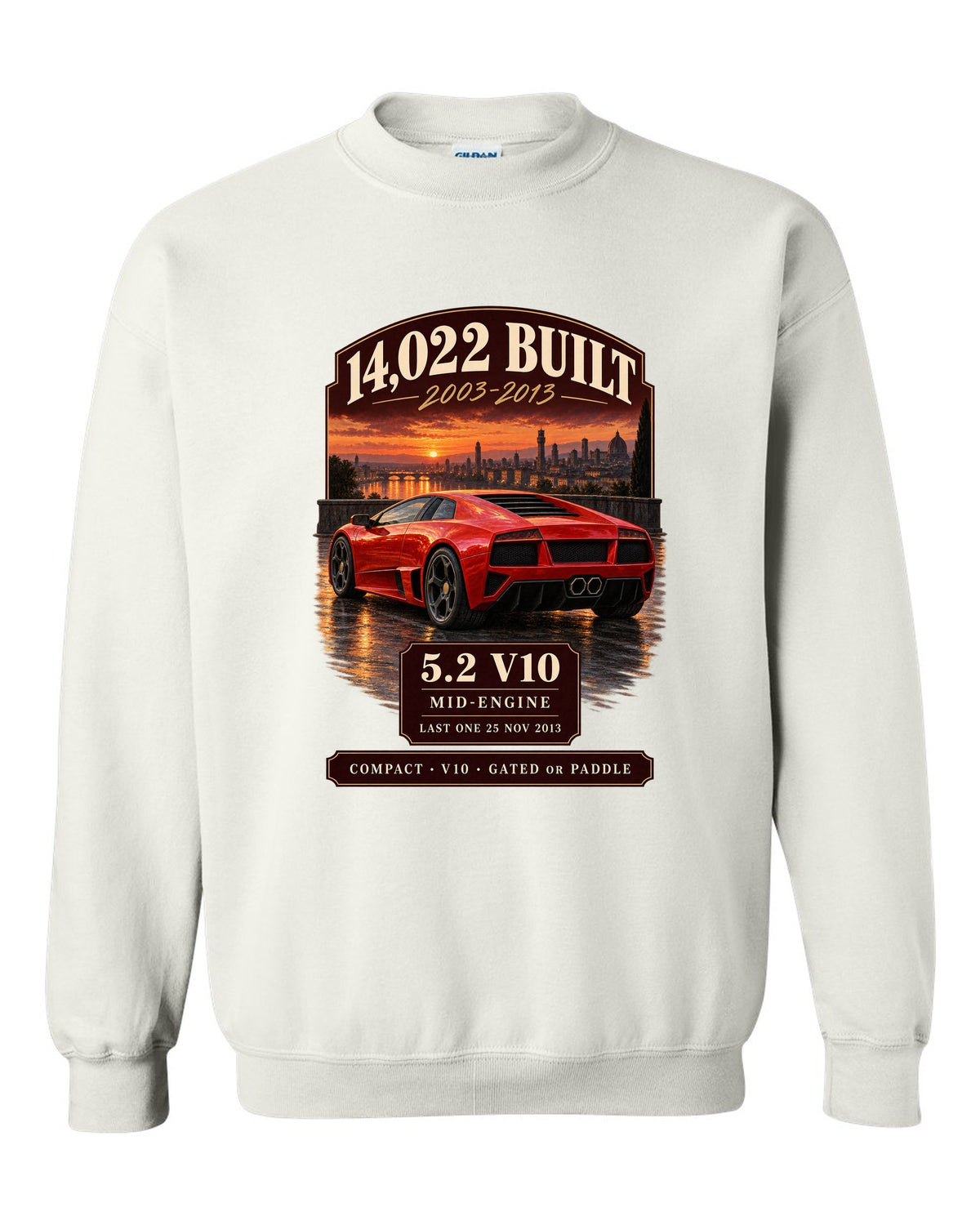 Archive panel print of a Lamborghini Gallardo LP570-4 with 14,022 built and 5.2 V10 text white crewneck front view with the design