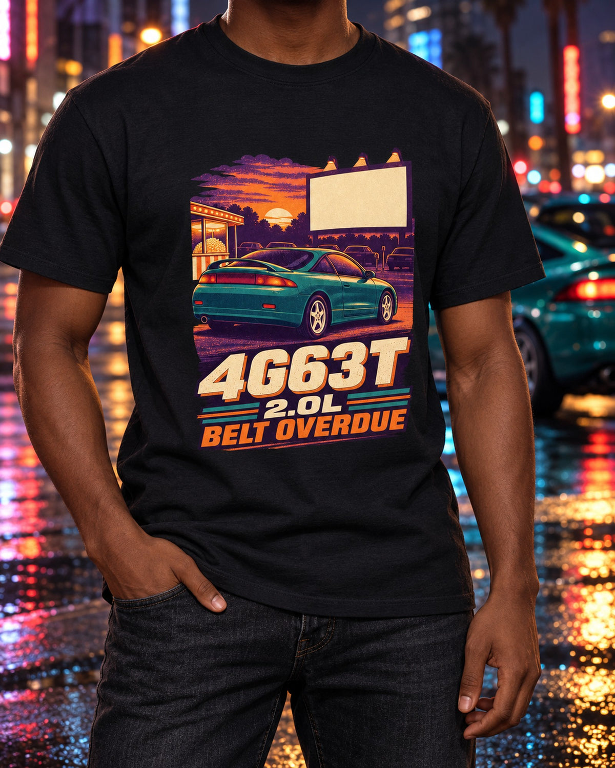 Mitsubishi Eclipse 2G 4G63T Belt Overdue Vintage Race Poster Shirt T-Shirt Black worn hero