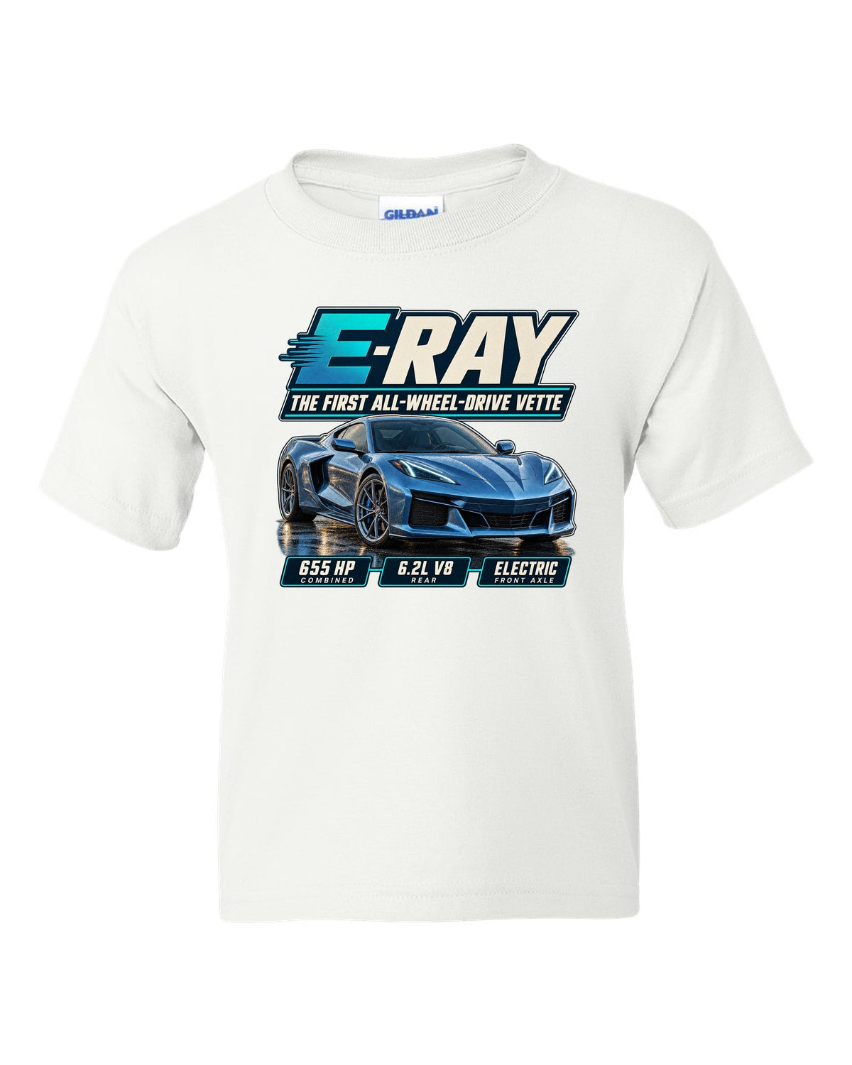 Editorial headline print of a Chevrolet Corvette C8 E-Ray, the first all-wheel-drive Vette white kids tee front view with the design