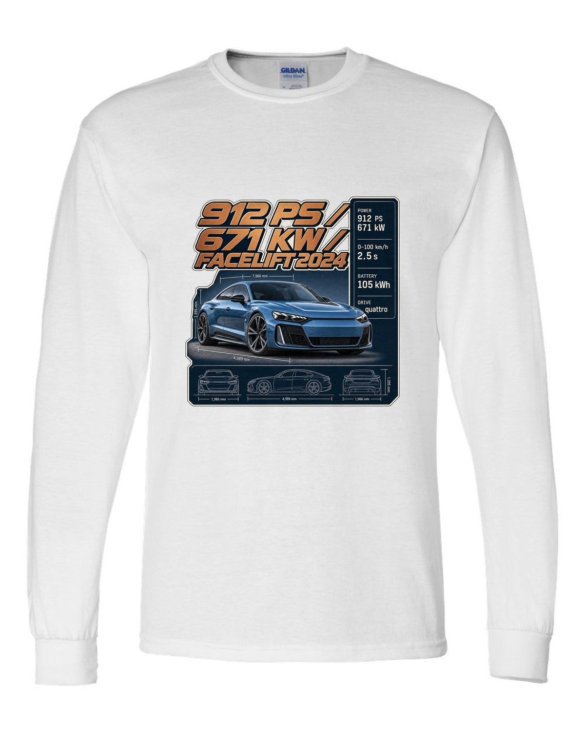 Audi RS e-tron GT performance facelift spec poster print design white long sleeve front view with the design