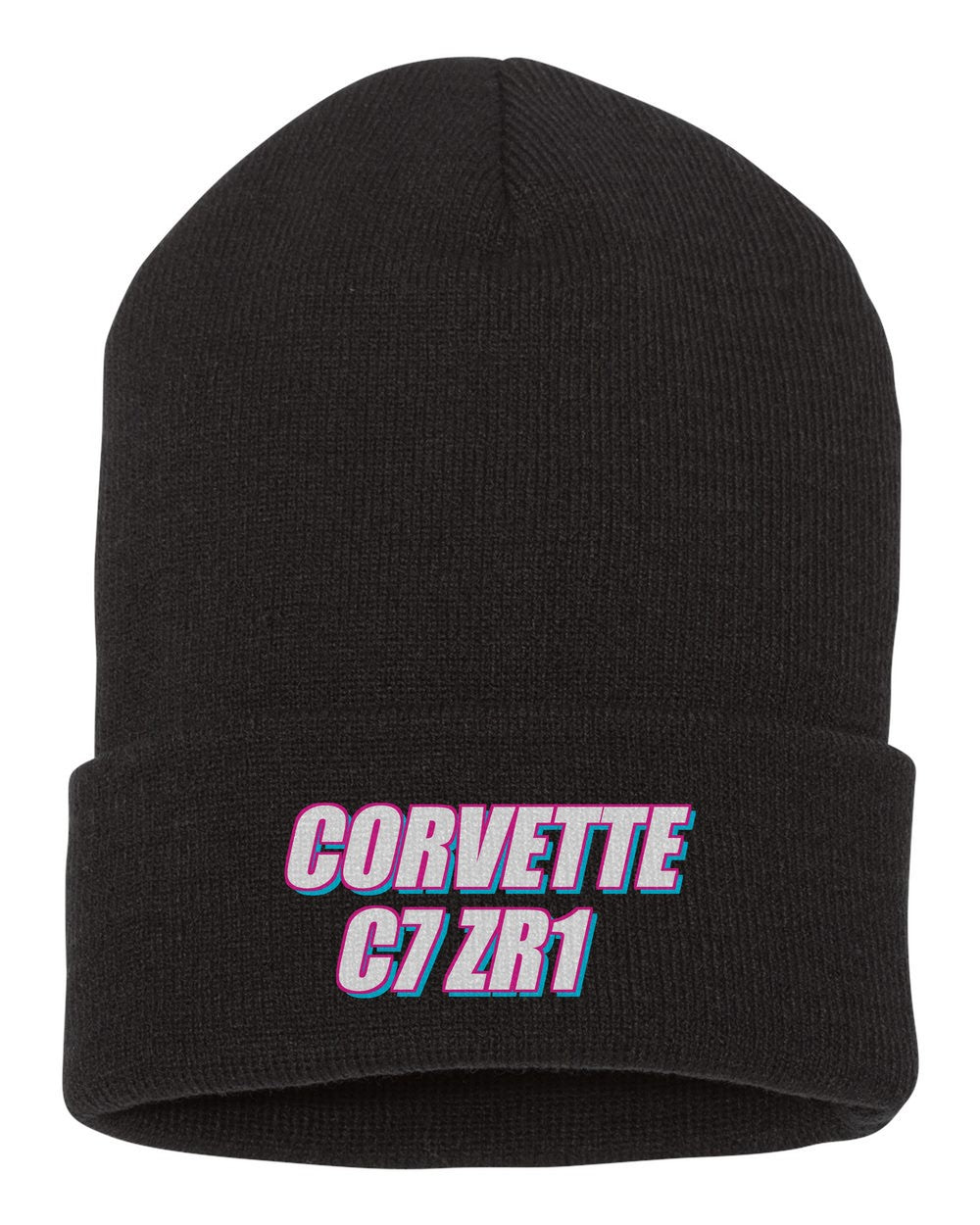 Corvette C7 Zr1 black beanie front view with car name