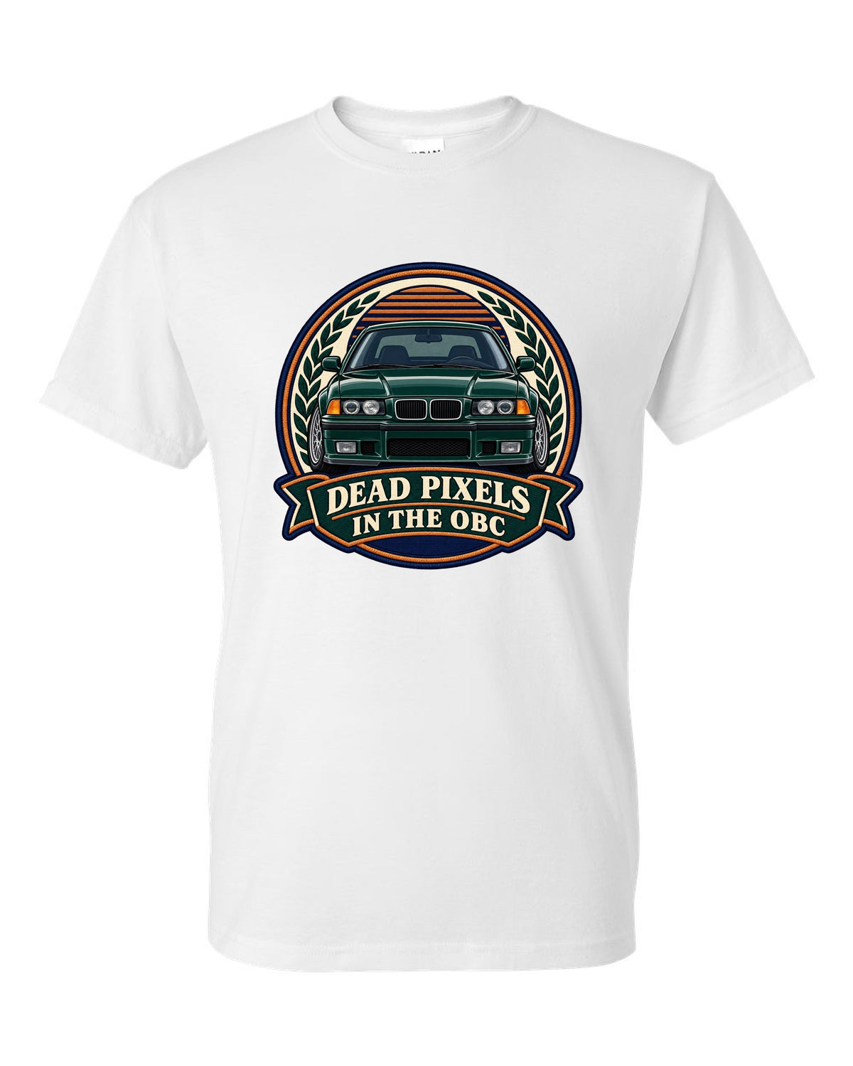 Varsity crest style print of a BMW E36 M3 coupe with dead pixels in the OBC text white t-shirt front view with the design