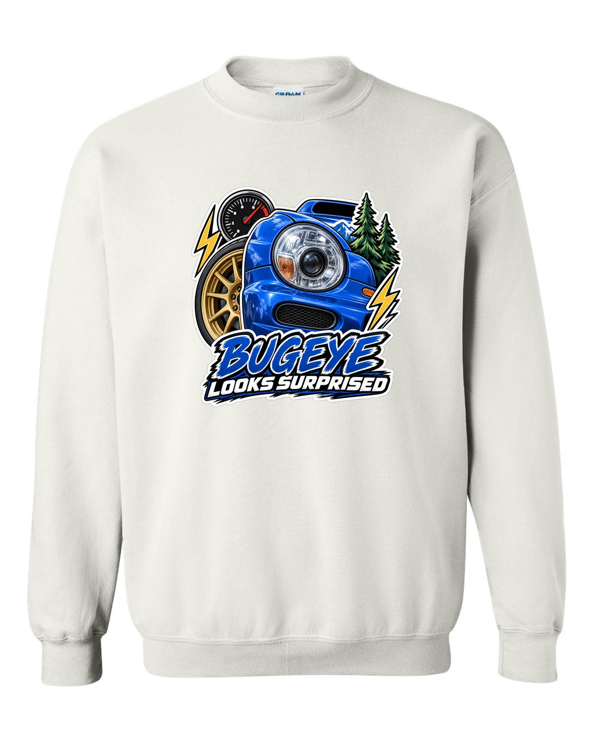Sticker-bomb collage of a Subaru Impreza WRX GDB Bugeye white crewneck front view with the design
