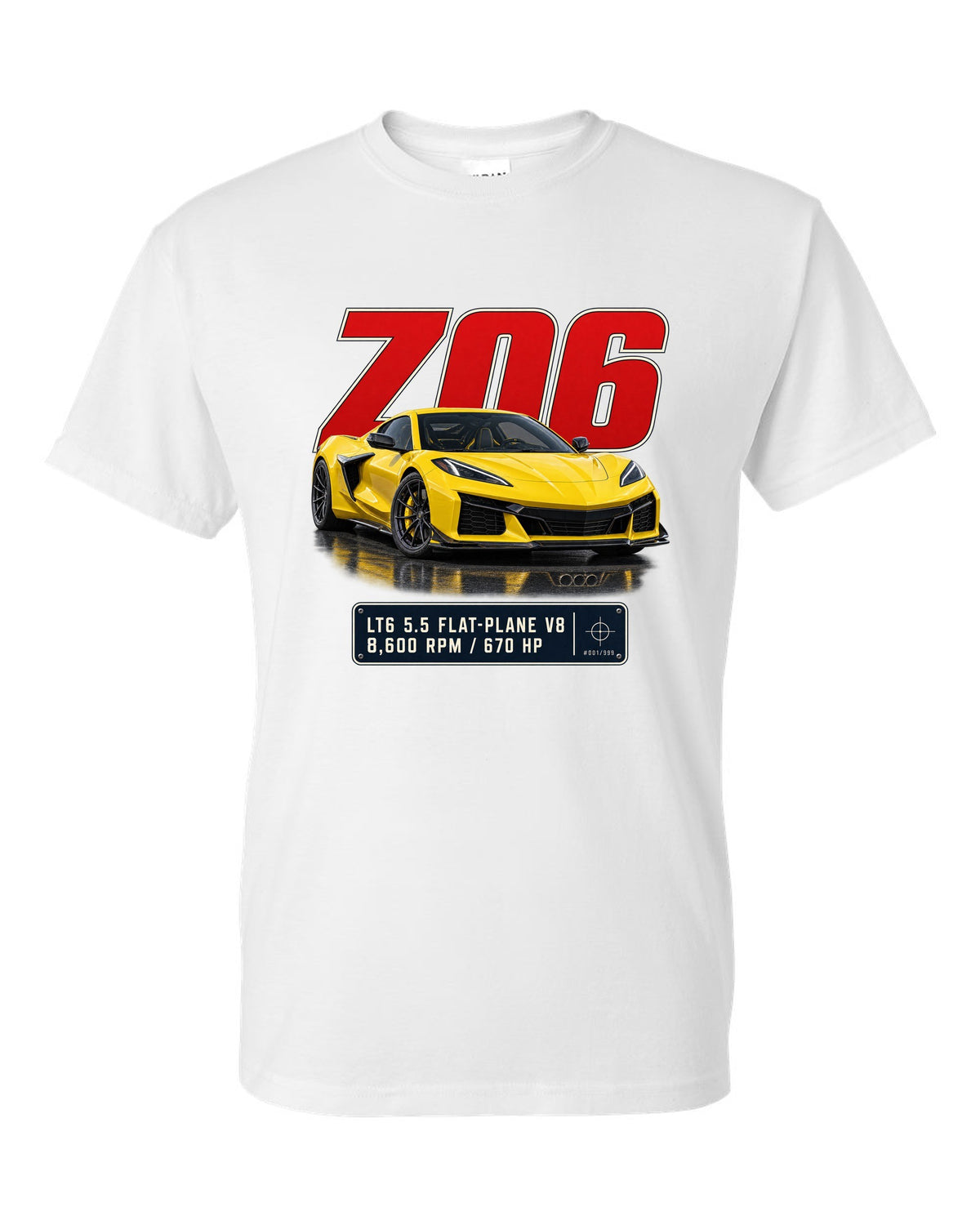 Editorial headline print of a yellow Chevrolet Corvette C8 Z06 white t-shirt front view with the design