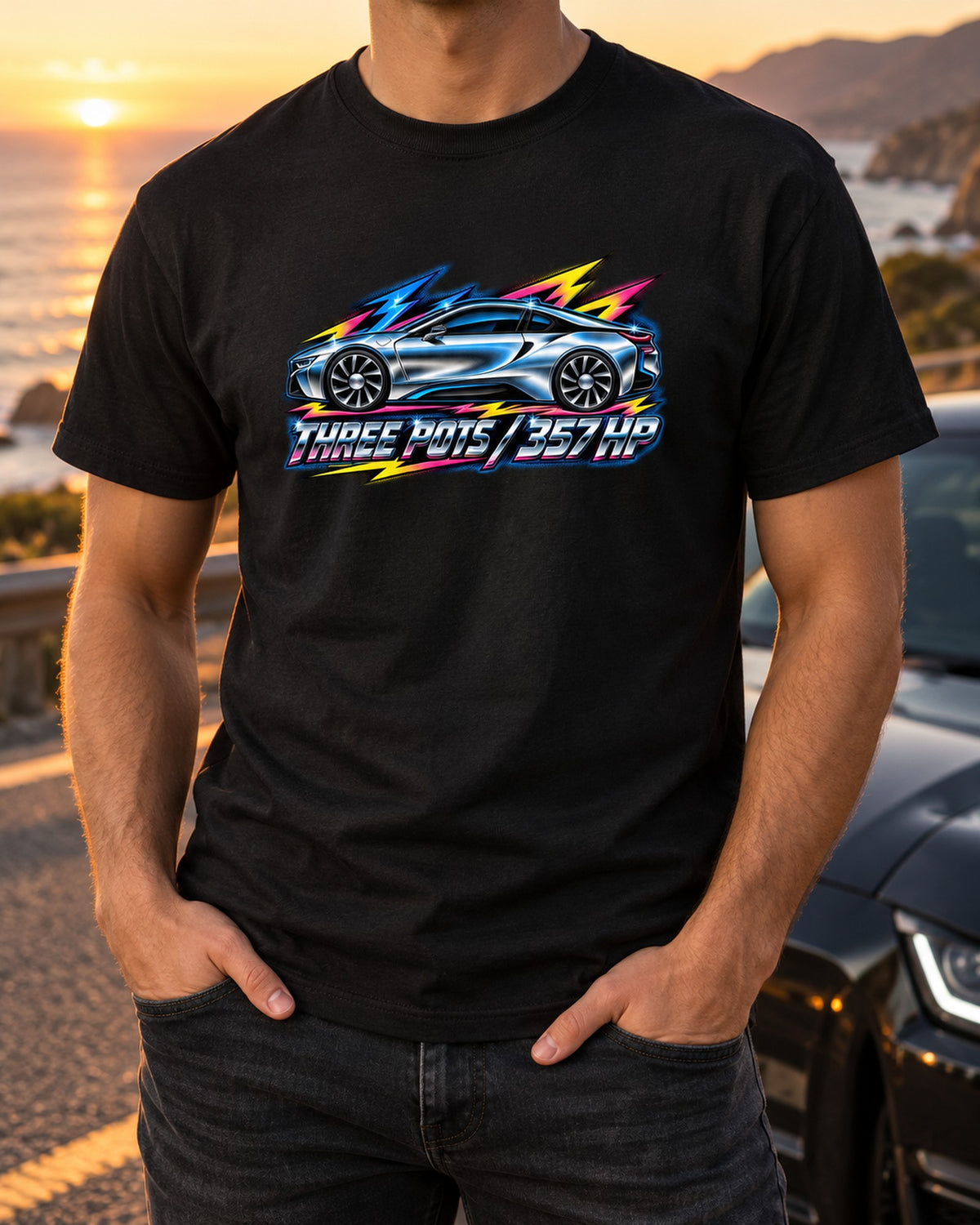 BMW i8 I12 Chrome Airbrush Tee, Three Pots 357 HP T-Shirt Black worn hero