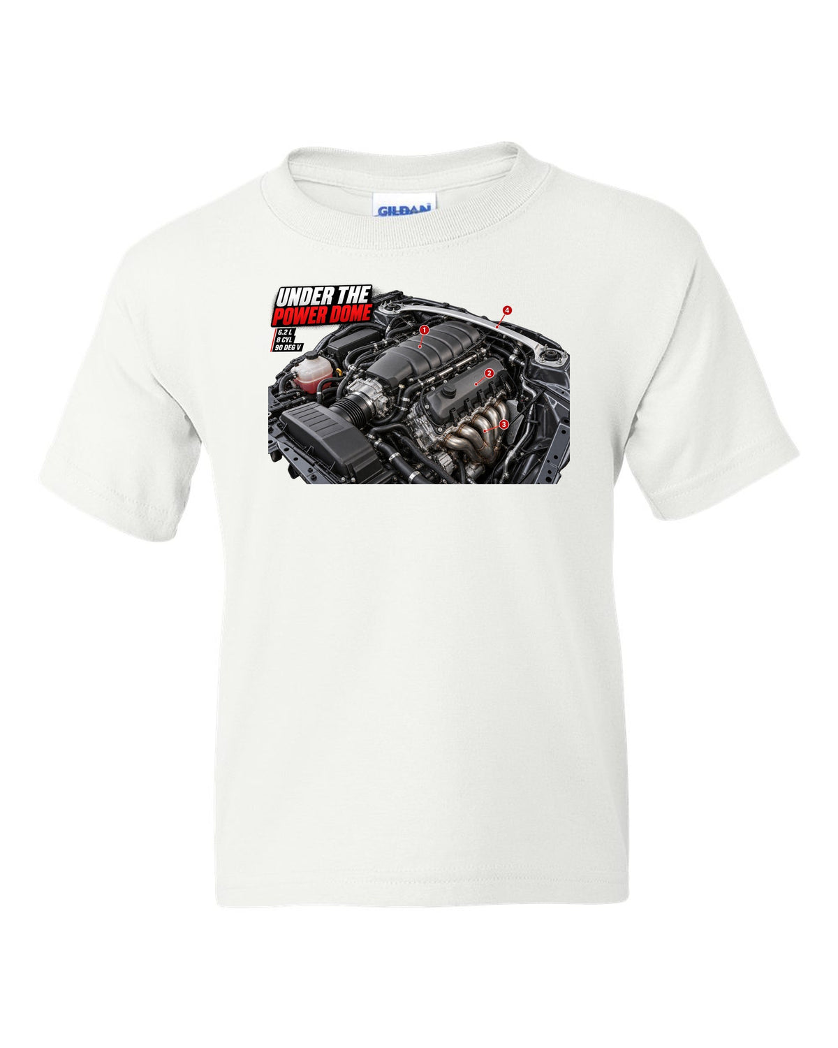 print of the Mercedes C63 AMG W204 M156 engine bay with the text Under The Power Dome white kids tee front view with the design