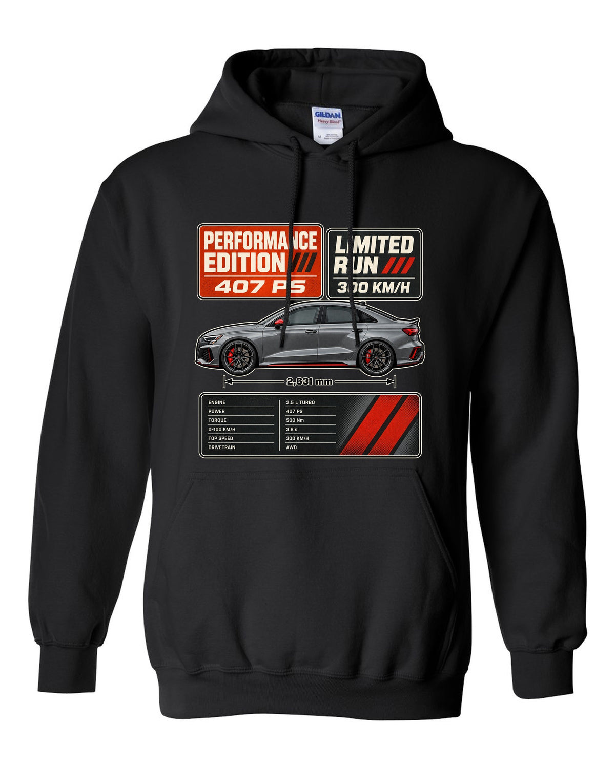 Grey and orange spec poster for the Audi RS3 8Y Performance Edition black pull over hoodie front view with the design