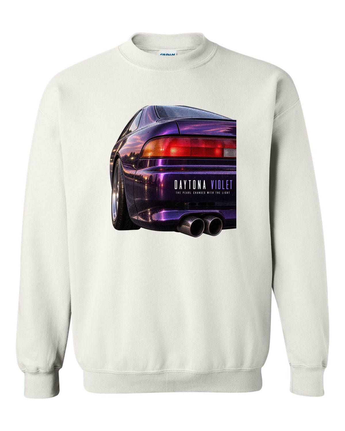 BMW E36 M3 coupe taillight macro print with Daytona Violet pearl paint text white crewneck front view with the design