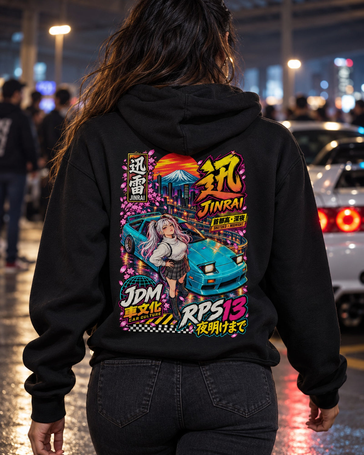 JINRAI RPS13 Anime Girl Full-Back Graphic Tee Pull Over Hoodie Black worn hero