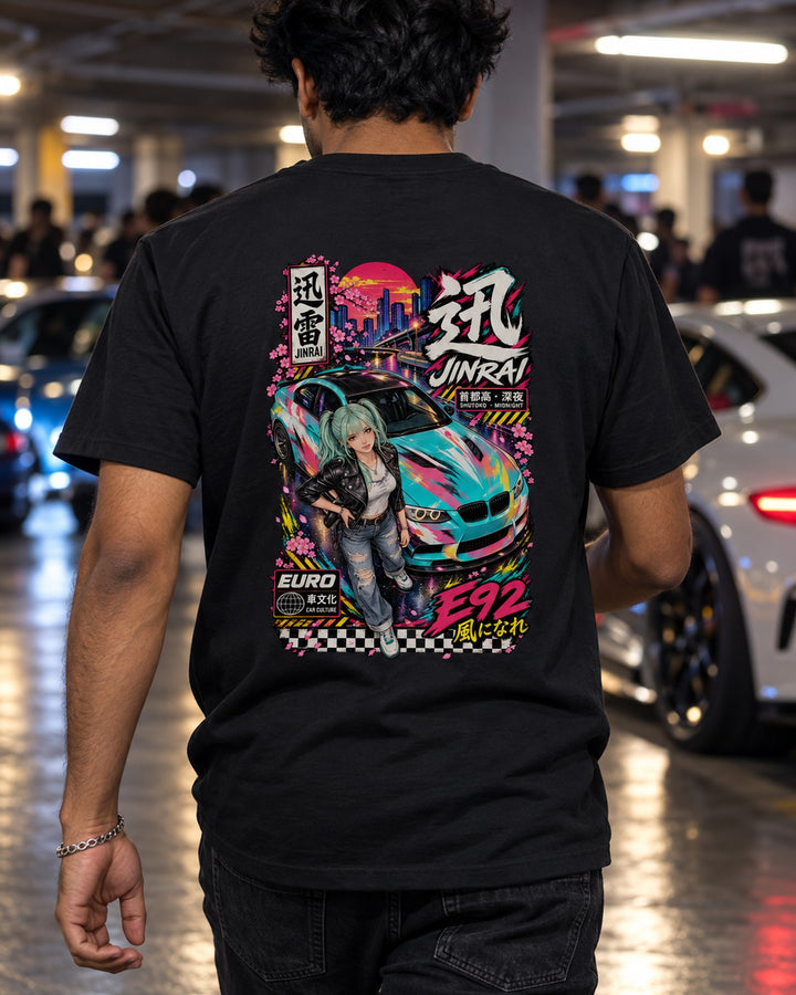 JINRAI E92 Anime Girl Full-Back Graphic Tee T-Shirt Black worn hero