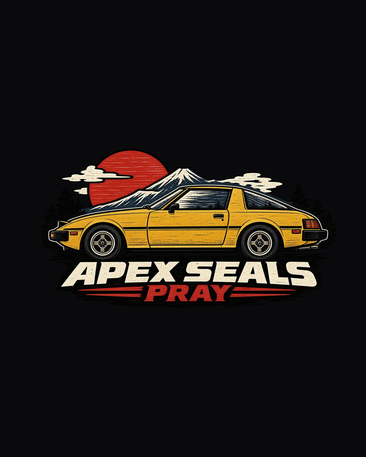 Mazda RX-7 SA22C Linocut Side Profile Shirt, Apex Seals design only