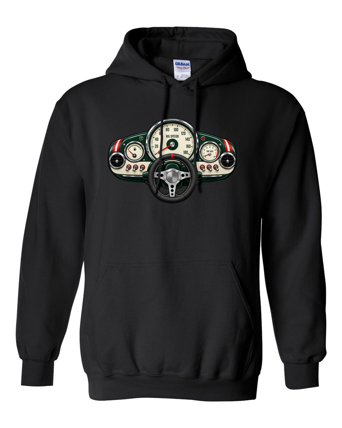 Gauge-cluster print for the Mini Cooper S R53 with big speedo and tiny tach lettering black pull over hoodie front view with the design