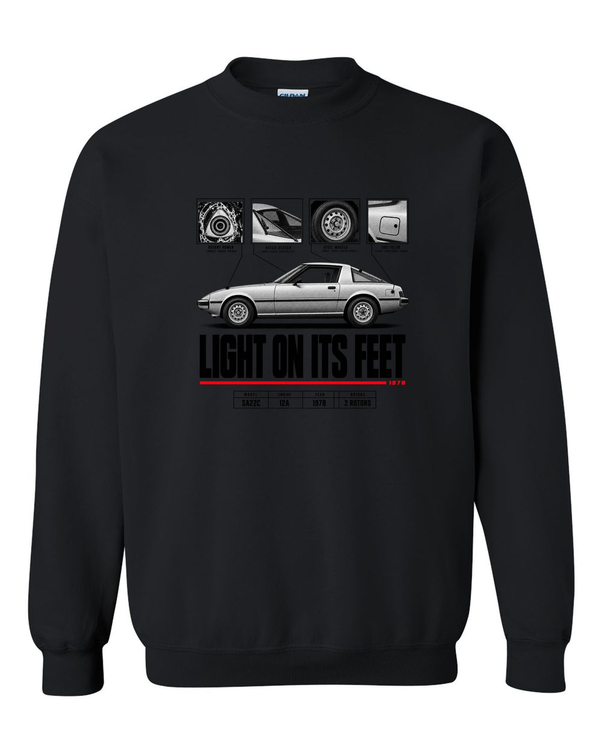 Spec poster print of a Mazda RX-7 SA22C Savanna with 12A lettering black crewneck front view with the design