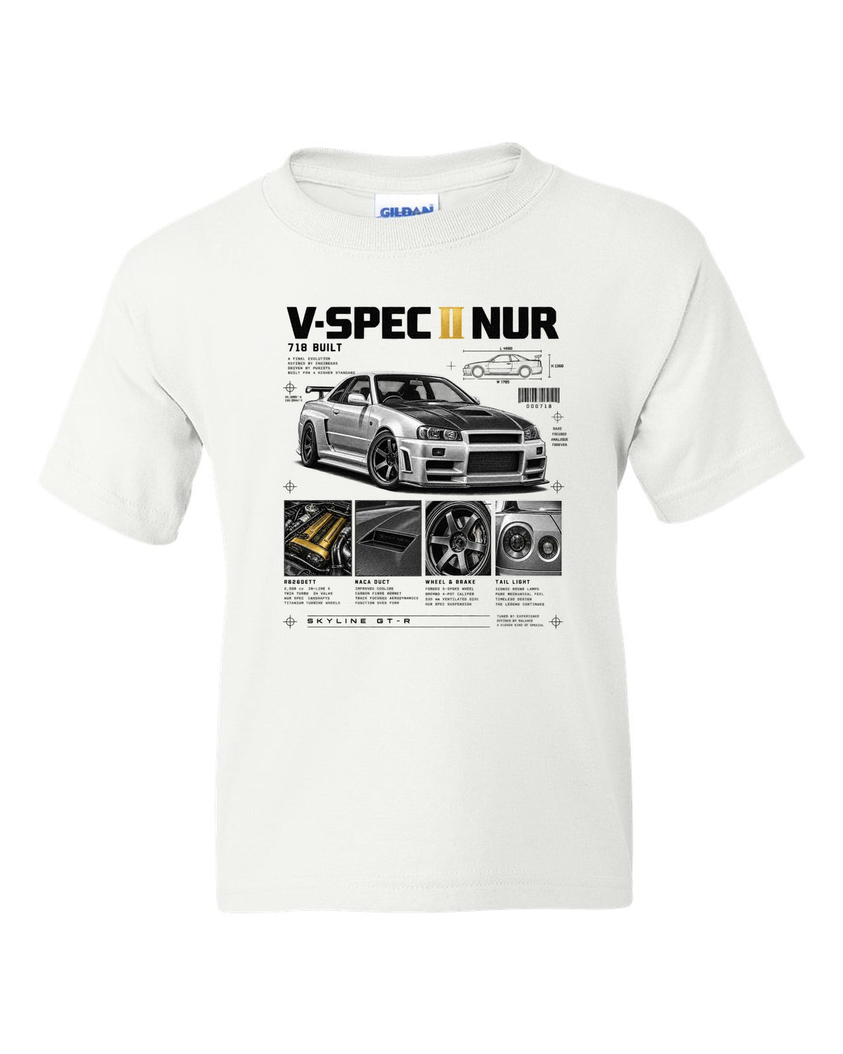 Dossier panels of a Nissan Skyline GT-R R34 V-Spec II Nur with 718 built and gold cam covers lettering white kids tee front view with the design