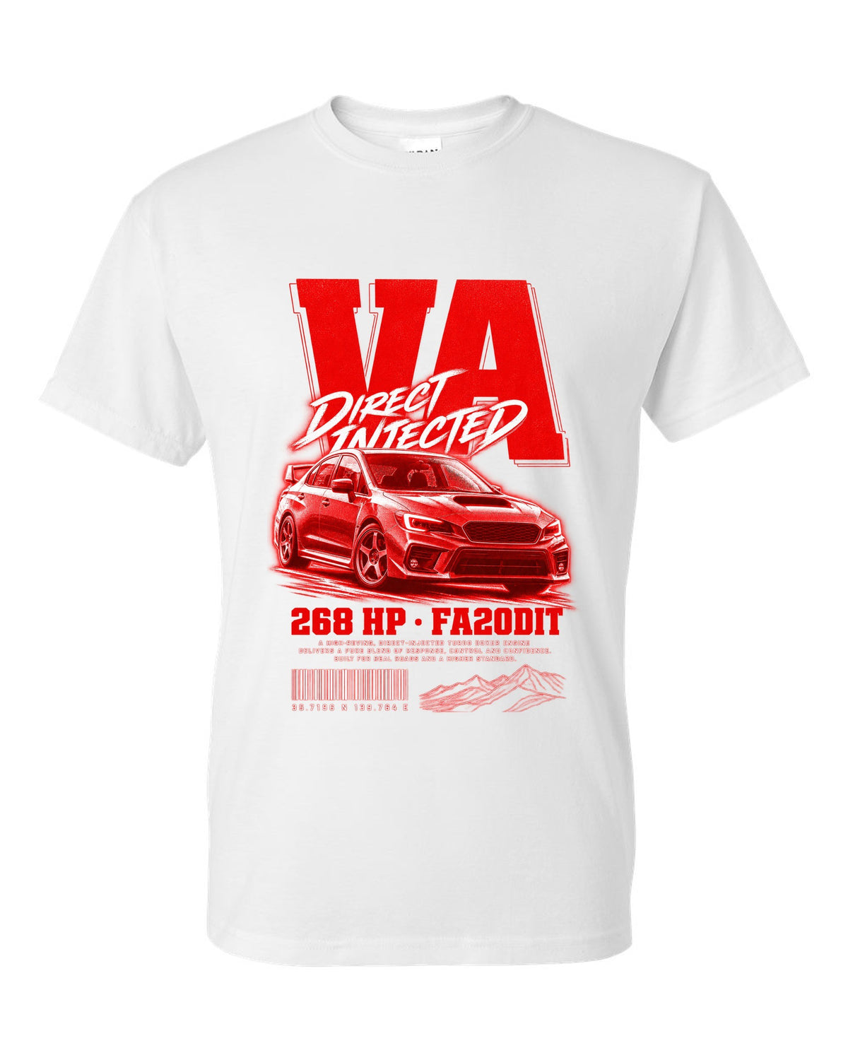 Street poster print for the Subaru WRX VA reading Direct Injected, 268 HP, FA20DIT white t-shirt front view with the design