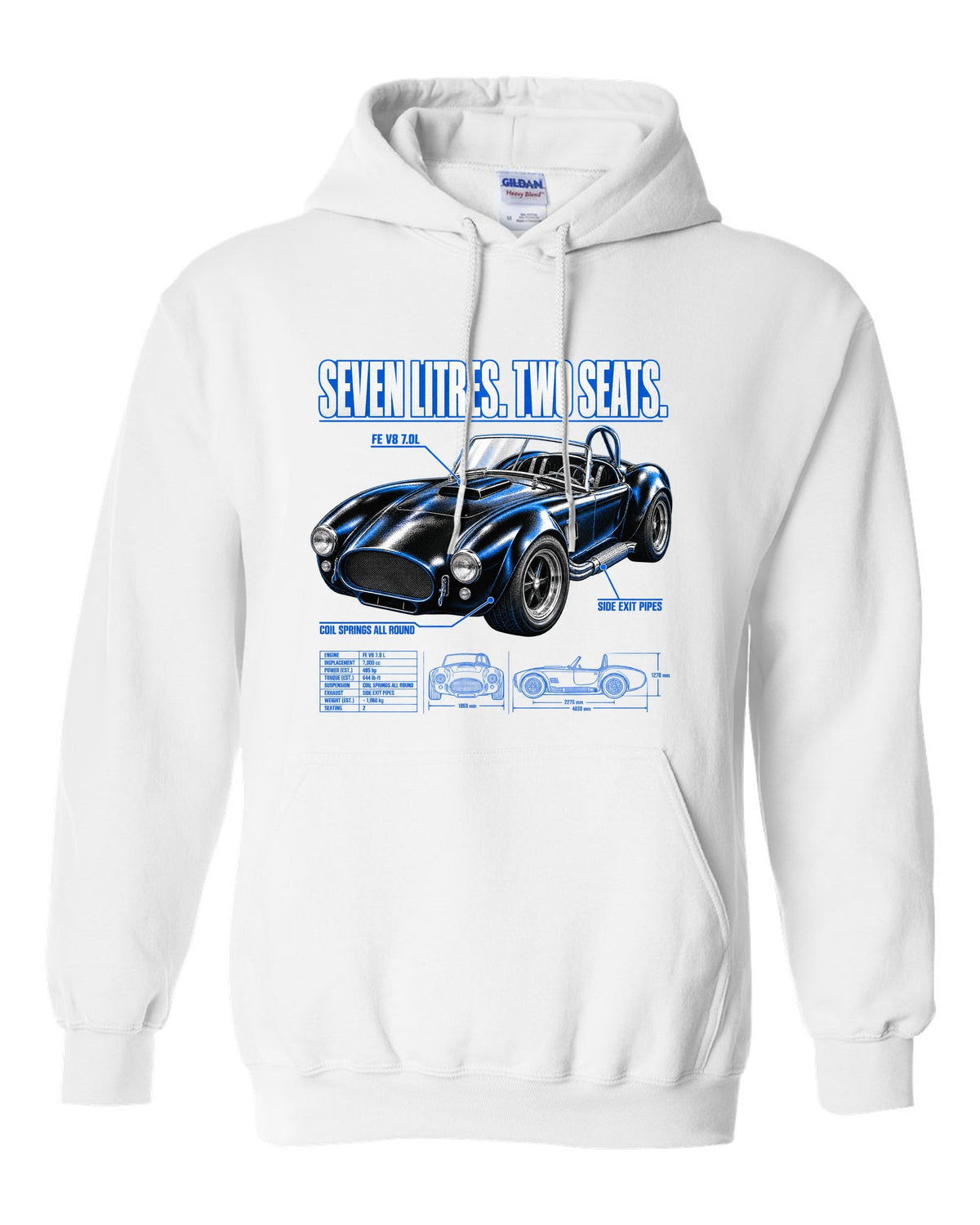 Top-down spec poster print of a 1965-1967 Shelby-style 427 roadster white pull over hoodie front view with the design