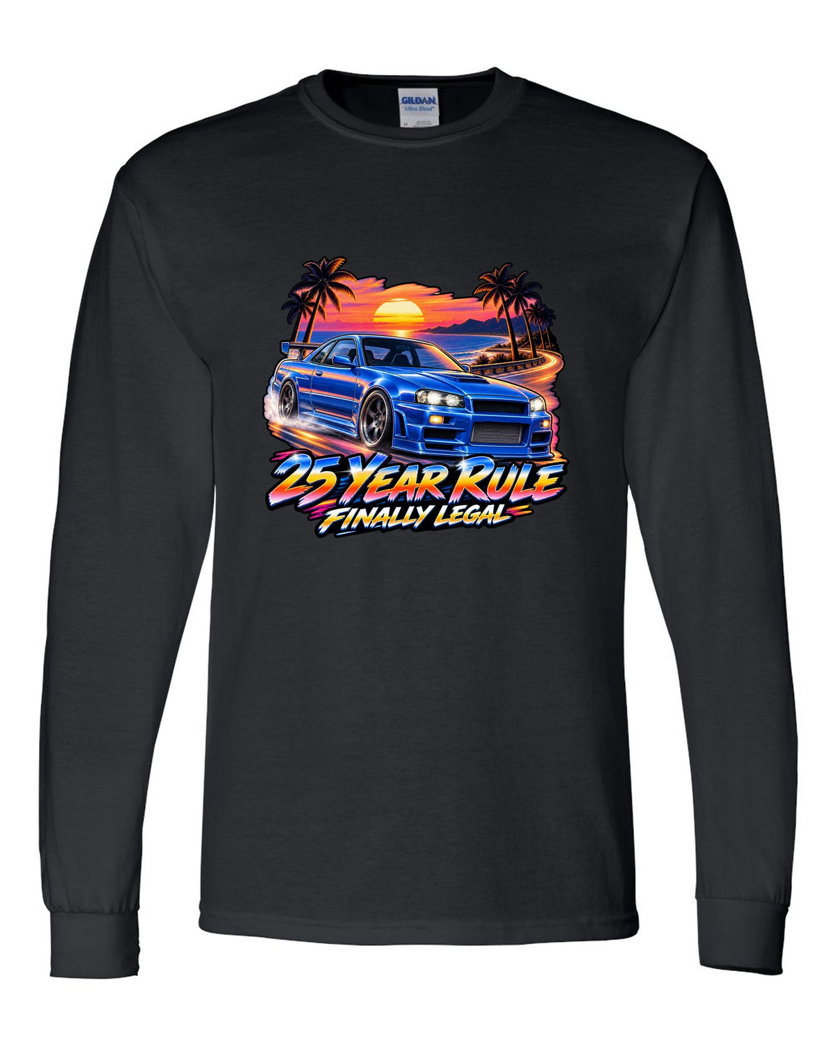 Retro airbrush sunset poster print of a Nissan Skyline GT-R R34 BNR34 with 25 year rule text black long sleeve front view with the design