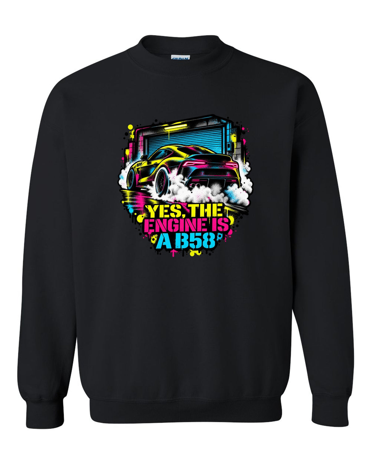 Stencil spray street art of a Toyota GR Supra A90 burnout on a garage door black crewneck front view with the design
