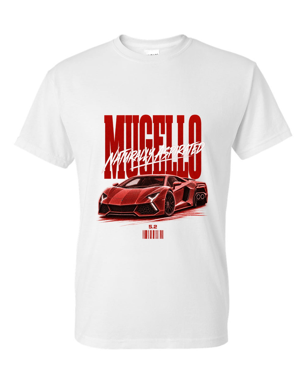 Street poster print of a Lamborghini Huracan Tecnica LP640-2 with Mugello and Naturally Aspirated text white t-shirt front view with the design