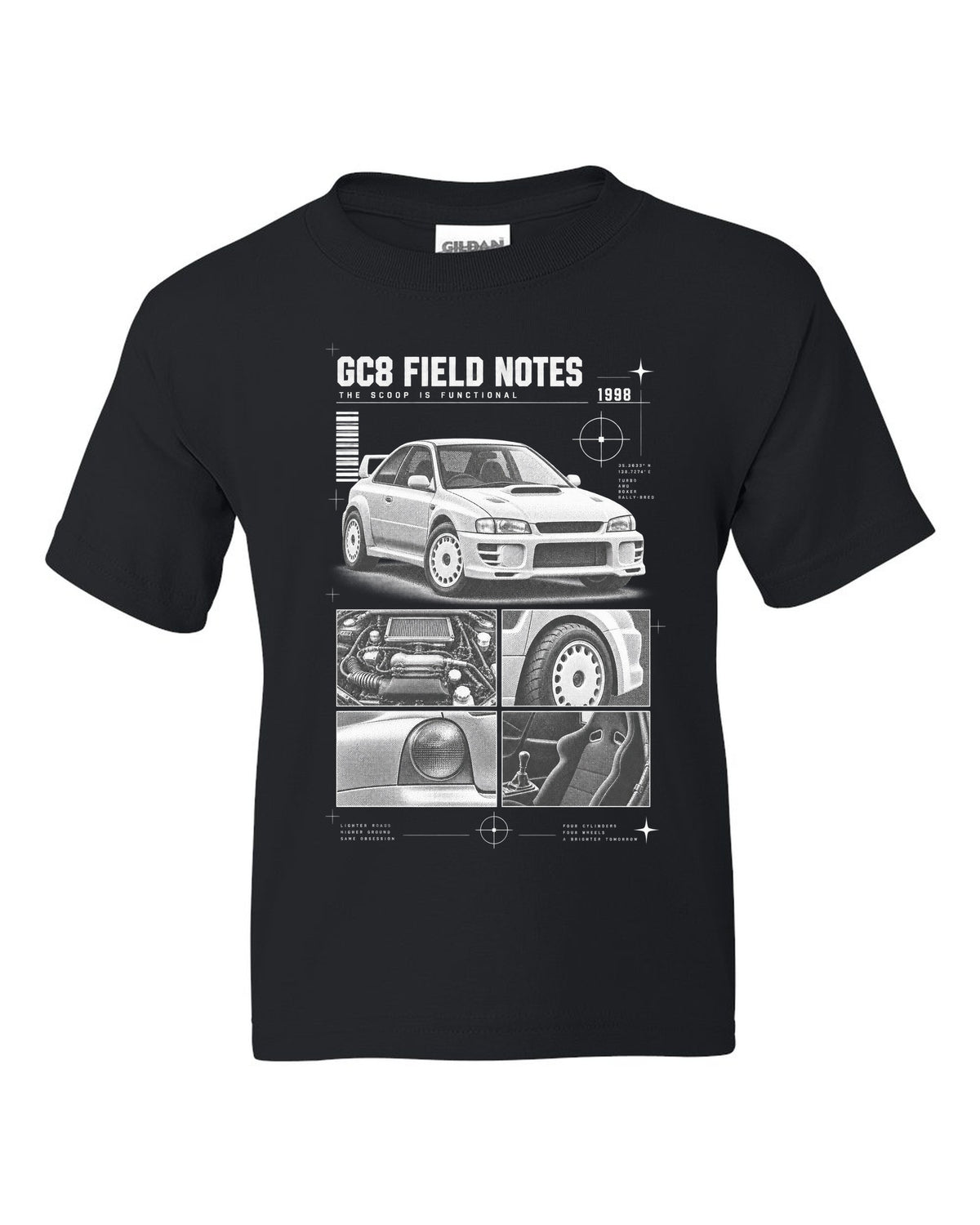 Subaru Impreza WRX GC8 coupe 1998 field notes dossier panels black kids tee front view with the design