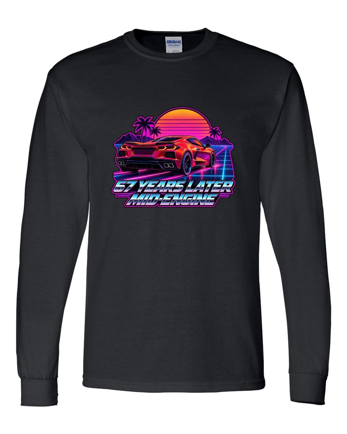 Spec-sheet data plate with overhead view of a 2023 C8 Corvette Z06 black long sleeve front view with the design