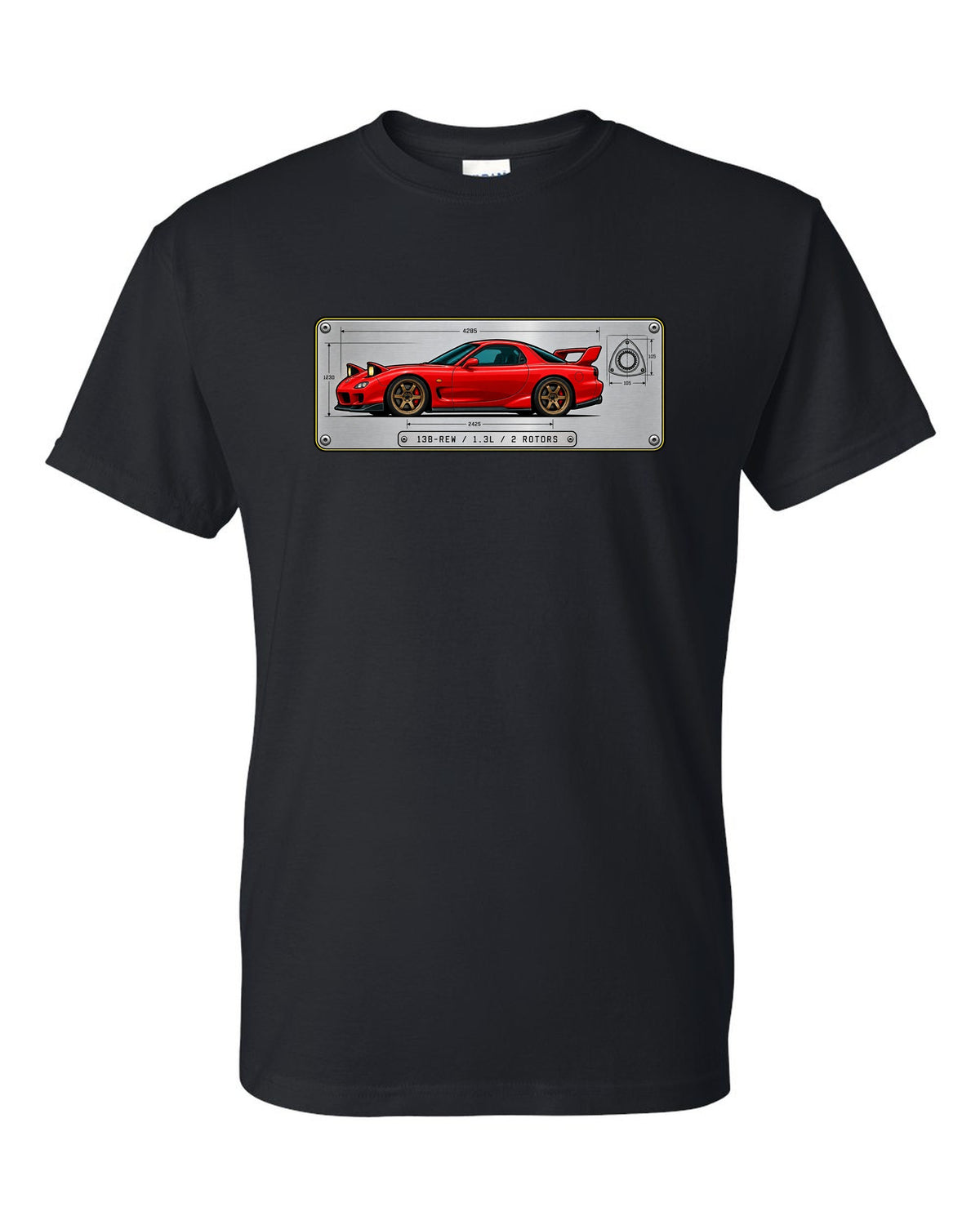 Spec plate print for a Mazda RX-7 FD3S listing 13B-REW, 1.3L and 2 rotors black t-shirt front view with the design
