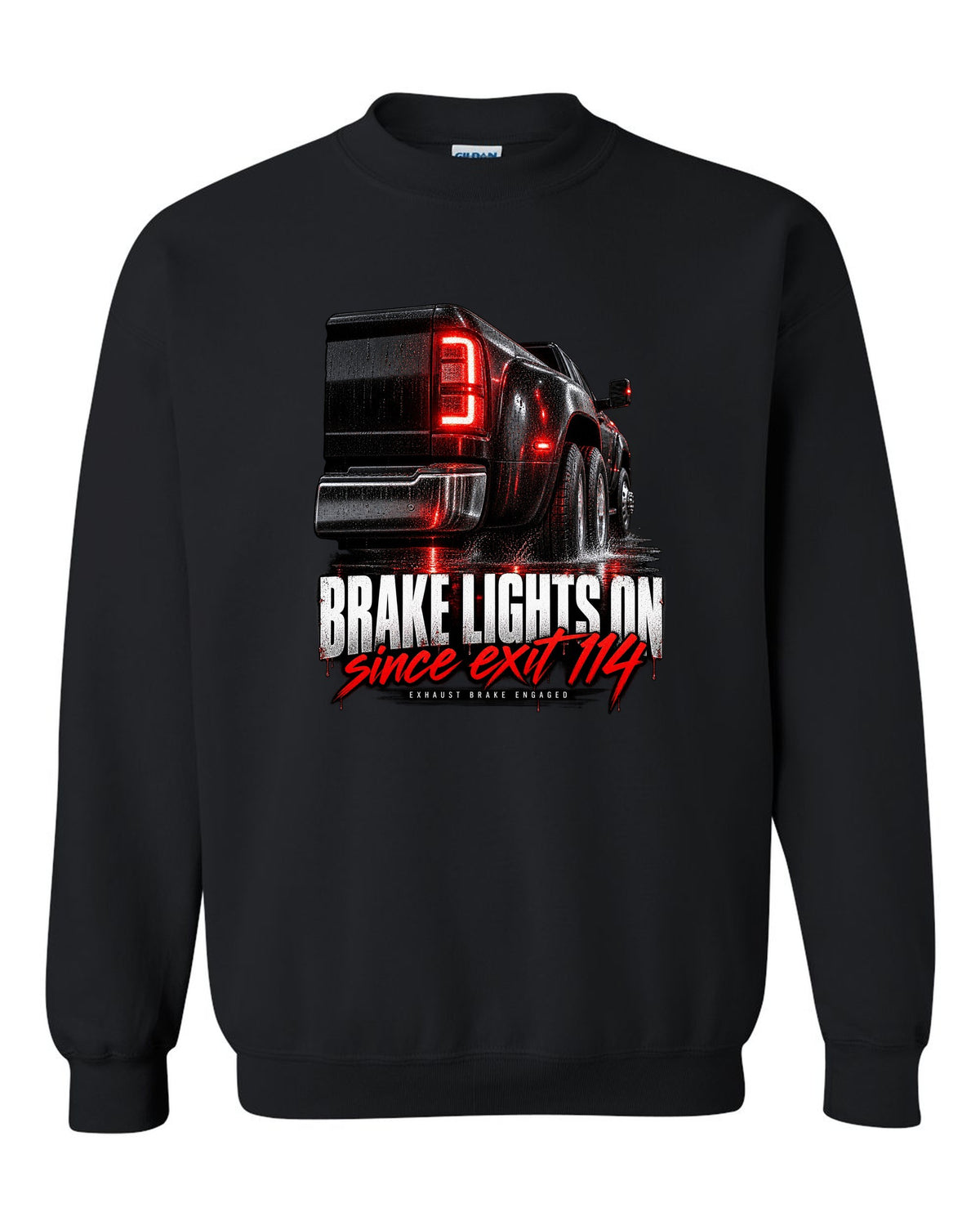 Taillight macro print of a 2019-2024 Ram HD 3500 dually with brake lights lit black crewneck front view with the design