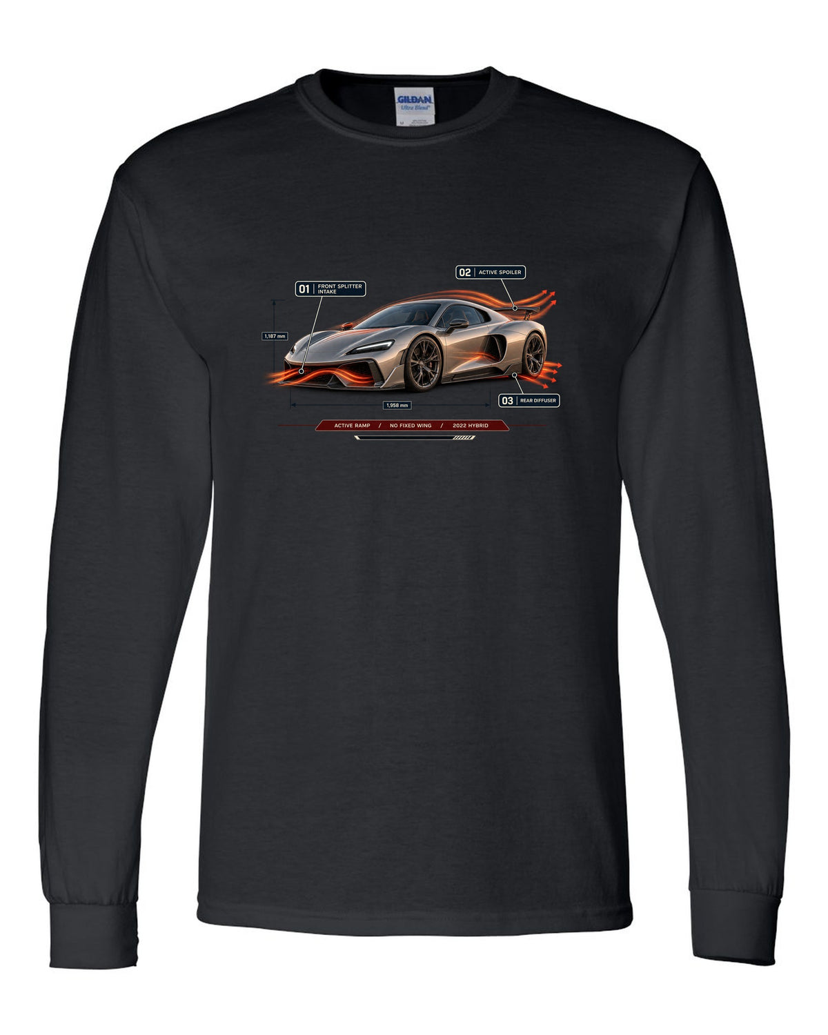 Ferrari 296 GTB aero callout print with active ramp and no fixed wing black long sleeve front view with the design