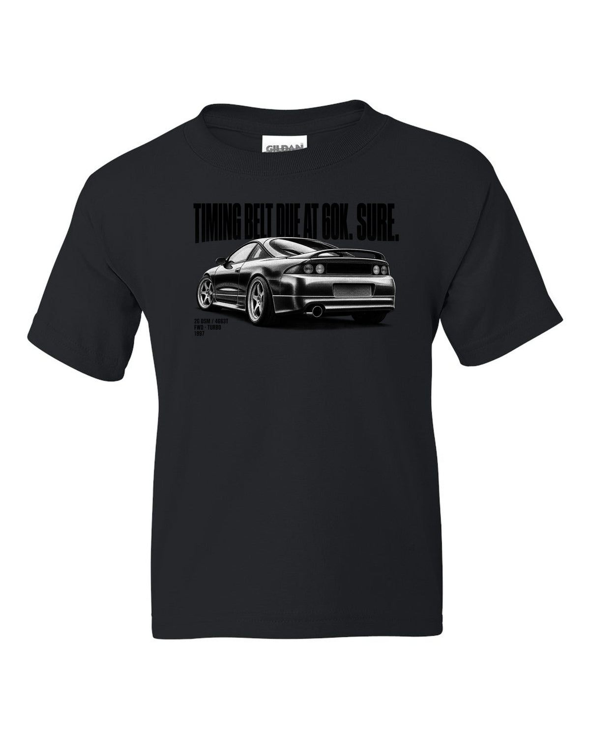 Mitsubishi Eclipse GS-T 2G DSM halftone print with timing belt joke and 4G63T text black kids tee front view with the design