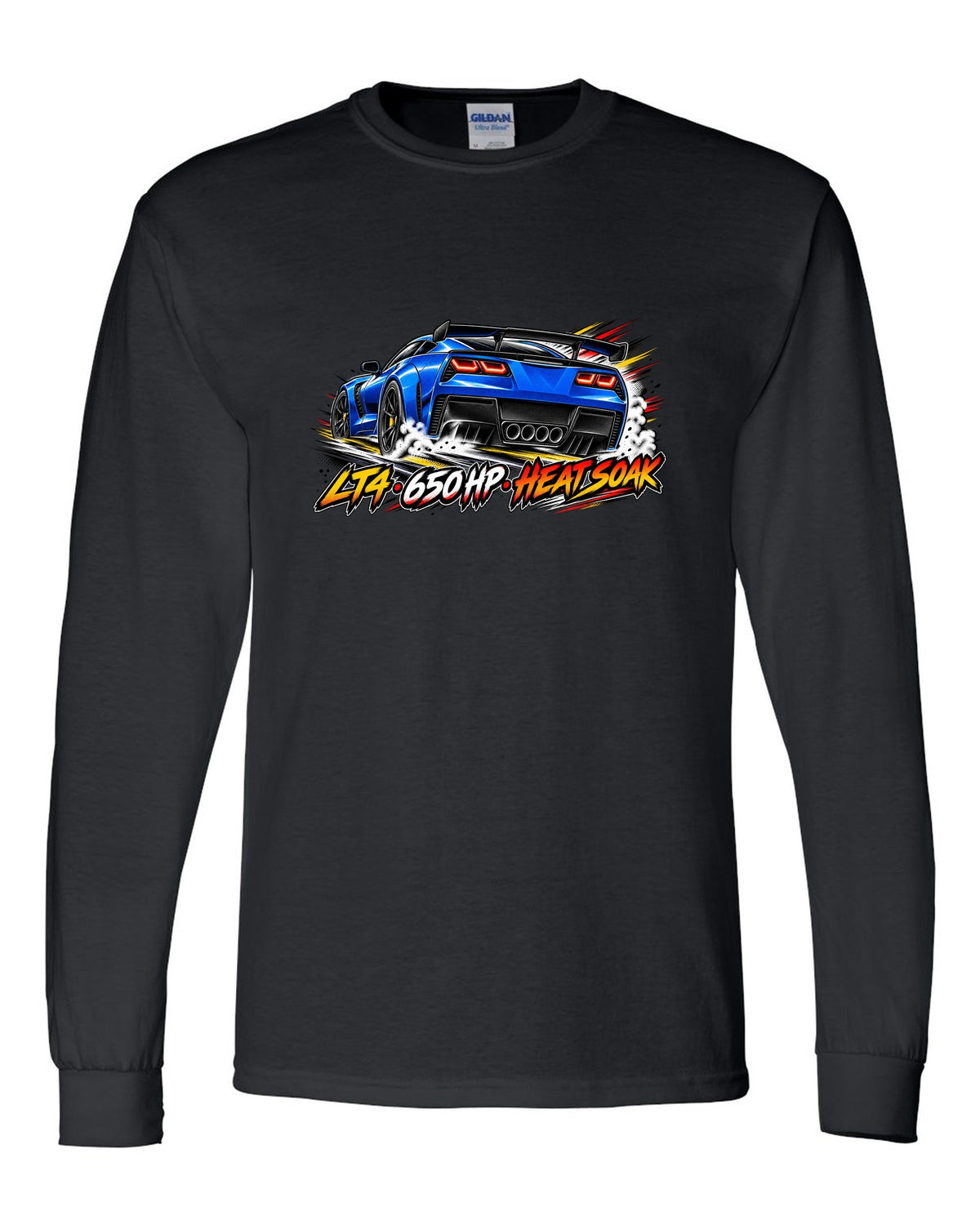 Retro manga halftone panel print of a 2016 Chevrolet Corvette C7 Z06 with LT4 650 HP heat soak lettering black long sleeve front view with the design