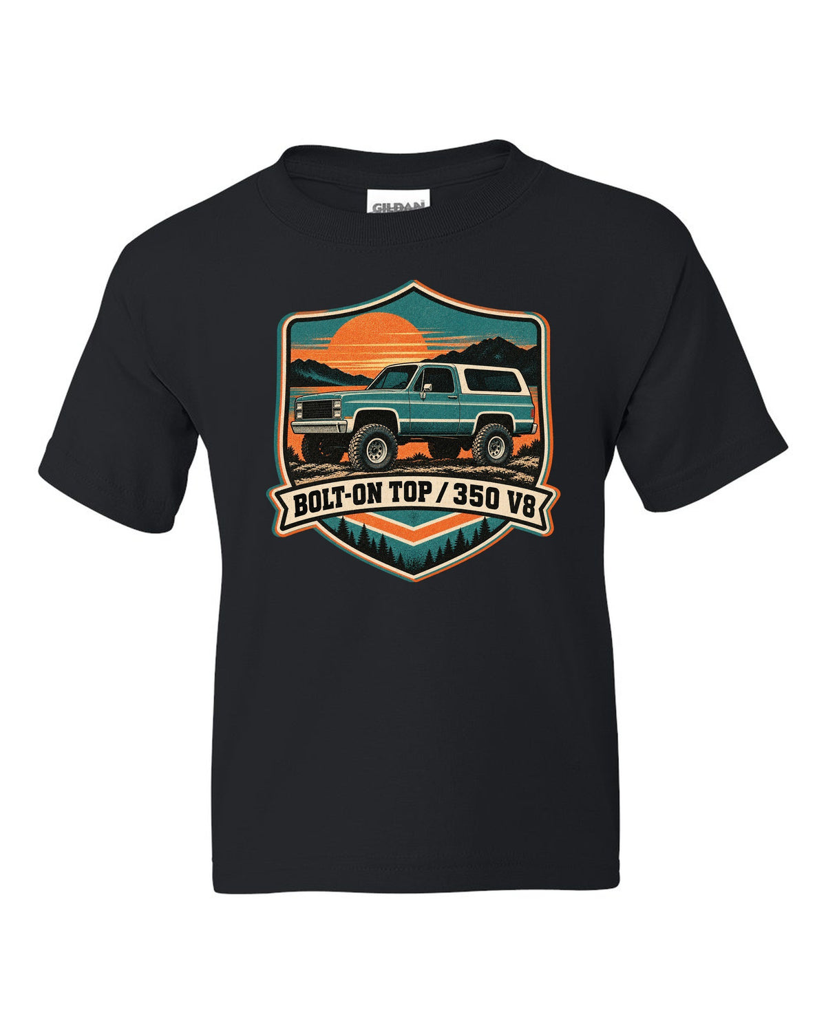Risograph-style sunset print of a 1973-91 Chevrolet K5 Blazer with BOLT-ON TOP and 350 V8 text black kids tee front view with the design
