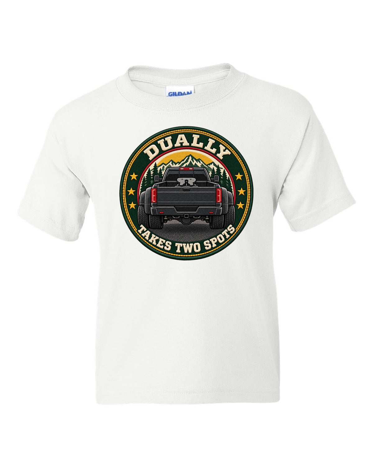Varsity crest print for a 2019-2024 Ram HD 3500 dually with fifth wheel and takes two spots text white kids tee front view with the design