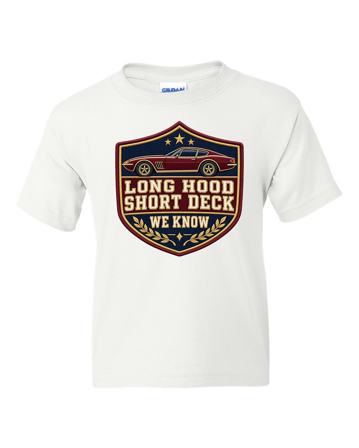 Embroidery varsity crest print for a Hyundai Genesis Coupe BK2 with long hood short deck text white kids tee front view with the design