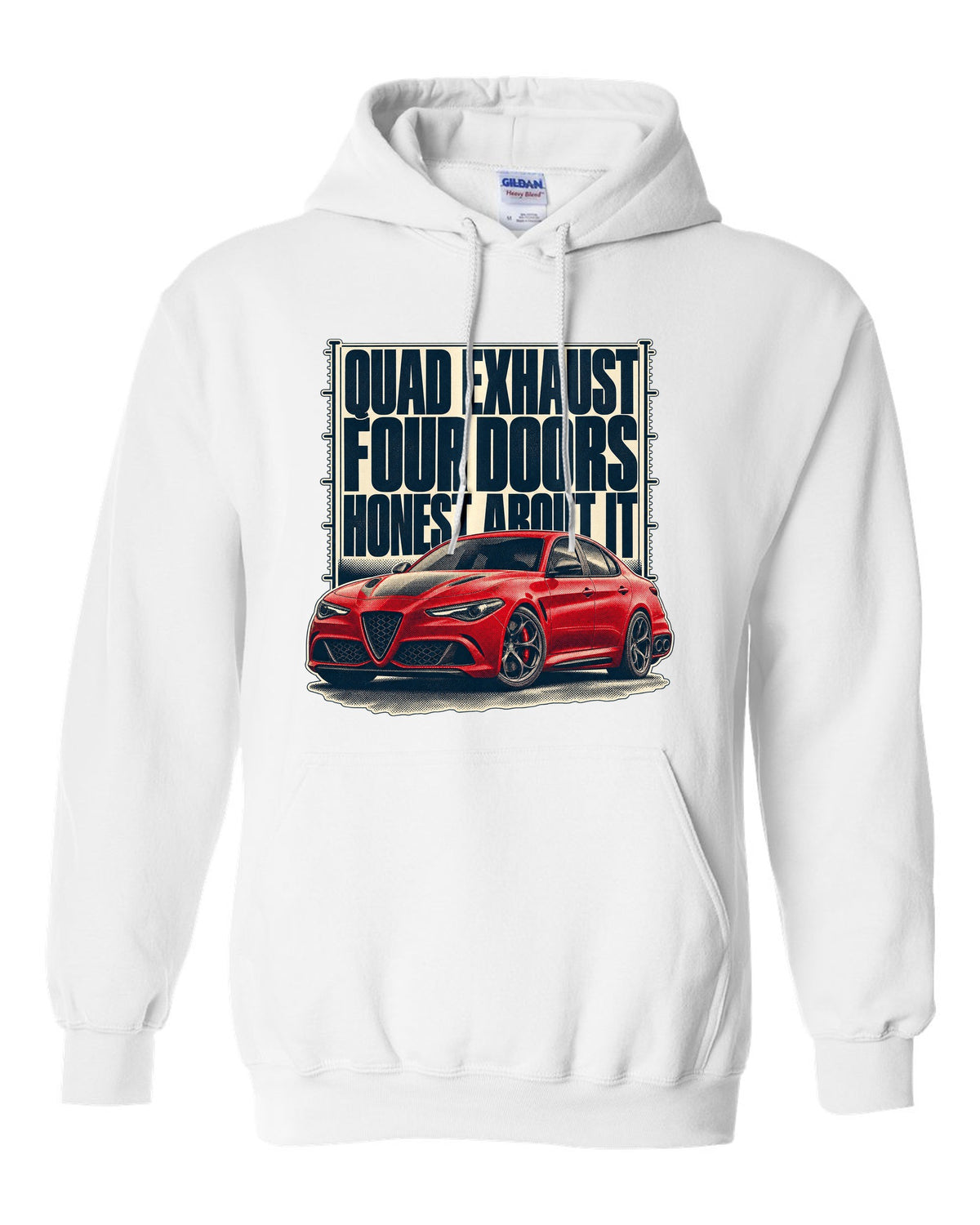 Alfa Romeo Giulia Quadrifoglio halftone statement print white pull over hoodie front view with the design