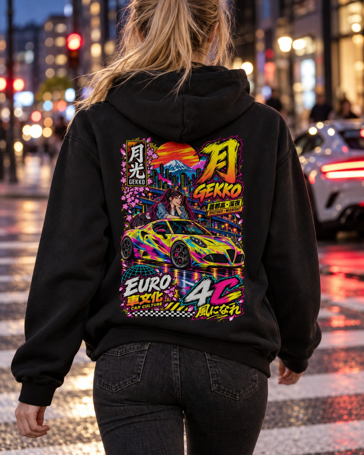GEKKO 4C Anime Girl Full-Back Graphic Tee Pull Over Hoodie Black worn hero