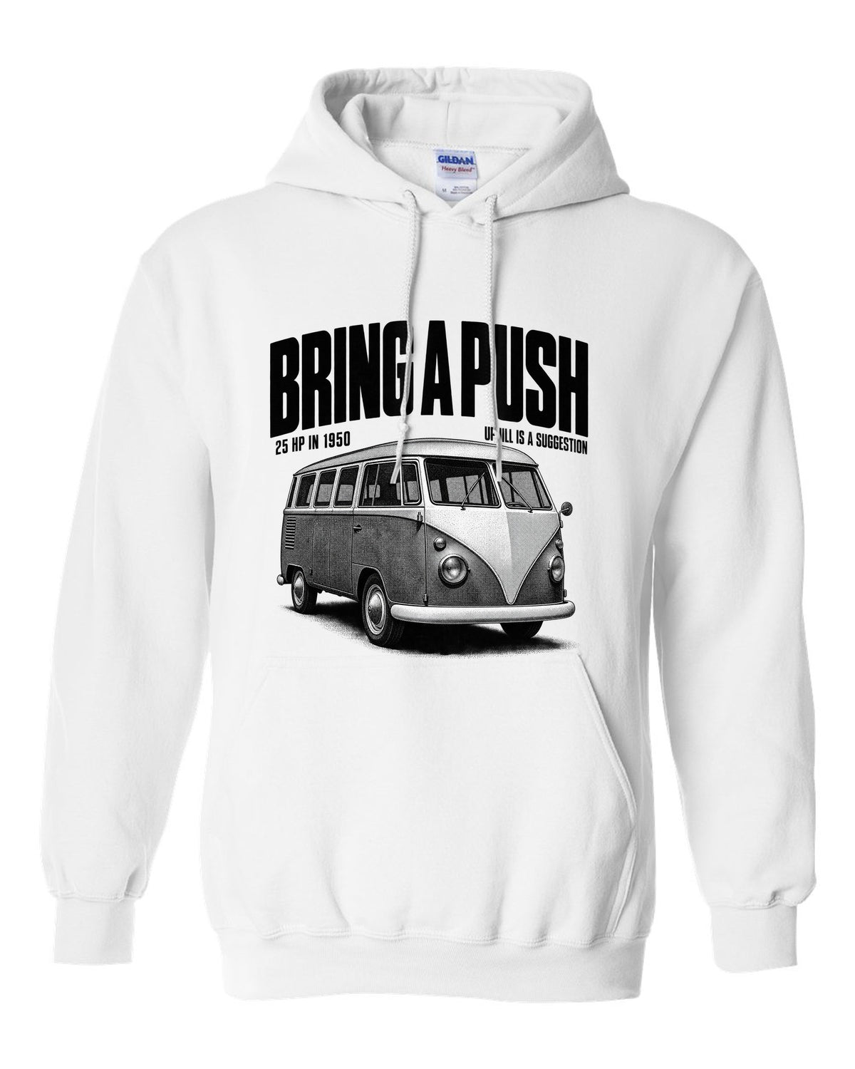 Halftone print of a VW T1 split-window microbus with bring a push text white pull over hoodie front view with the design